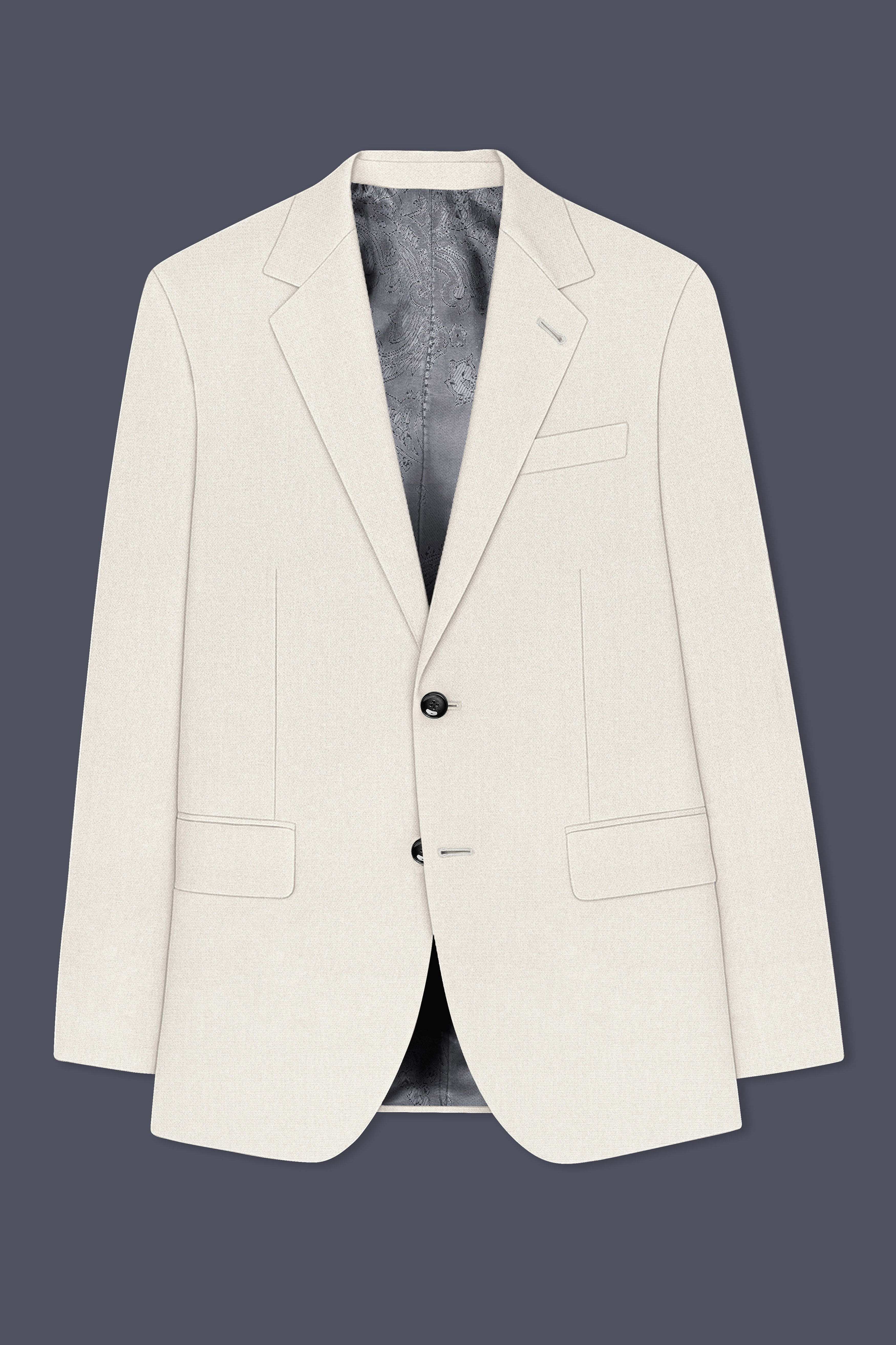 Ecru-Merino Off White Diamond Textured Wool Rich Slight Stretch Single Breasted Blazer