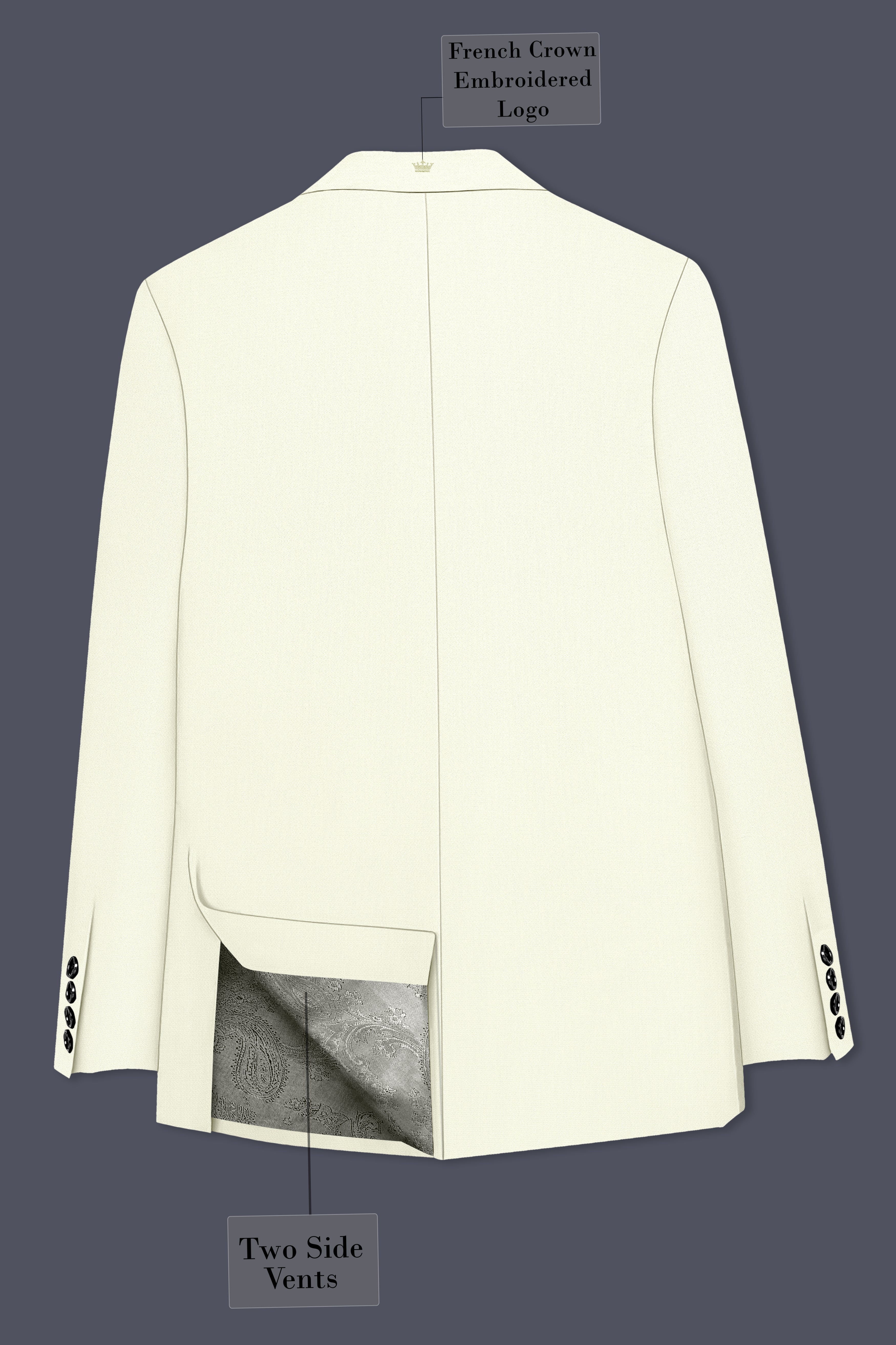 Ecru-Merino Off White Diamond Textured Wool Rich Slight Stretch Single Breasted Blazer