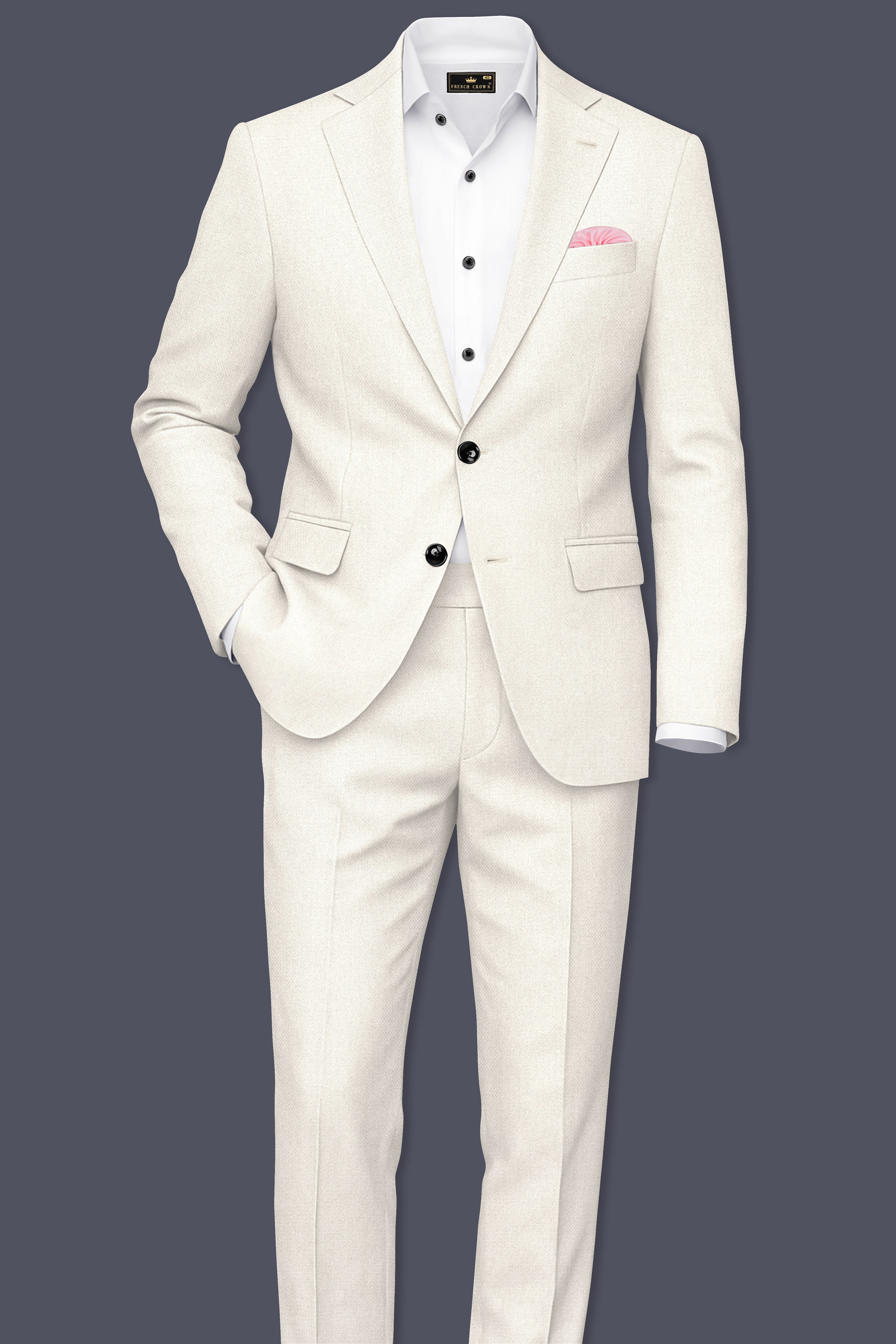 Ecru-Merino Off White Diamond Textured Wool Rich Slight Stretch Single Breasted Blazer