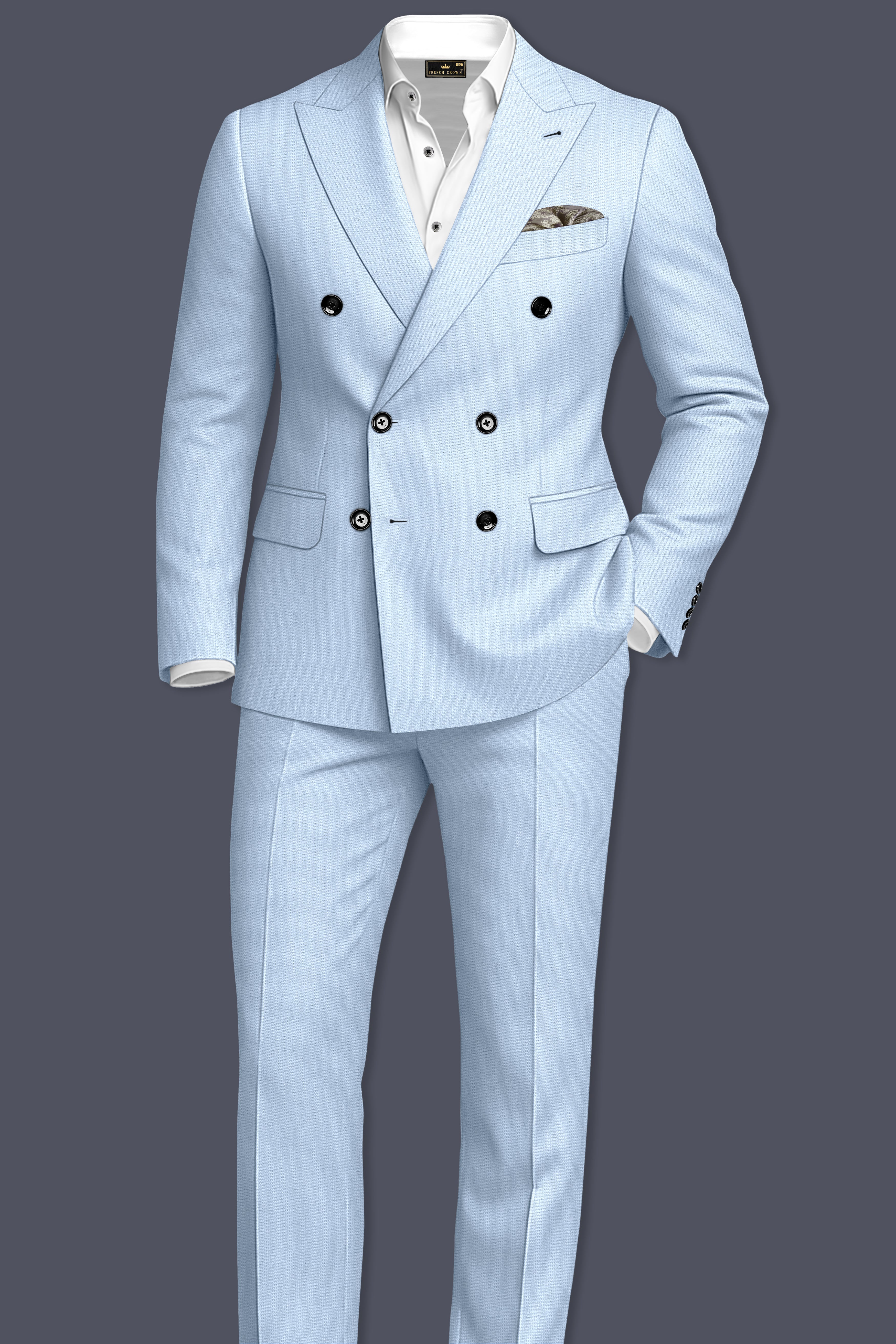 Azure-Heather Blue Diamond Textured Wool Rich Slight Stretch Double Breasted Blazer