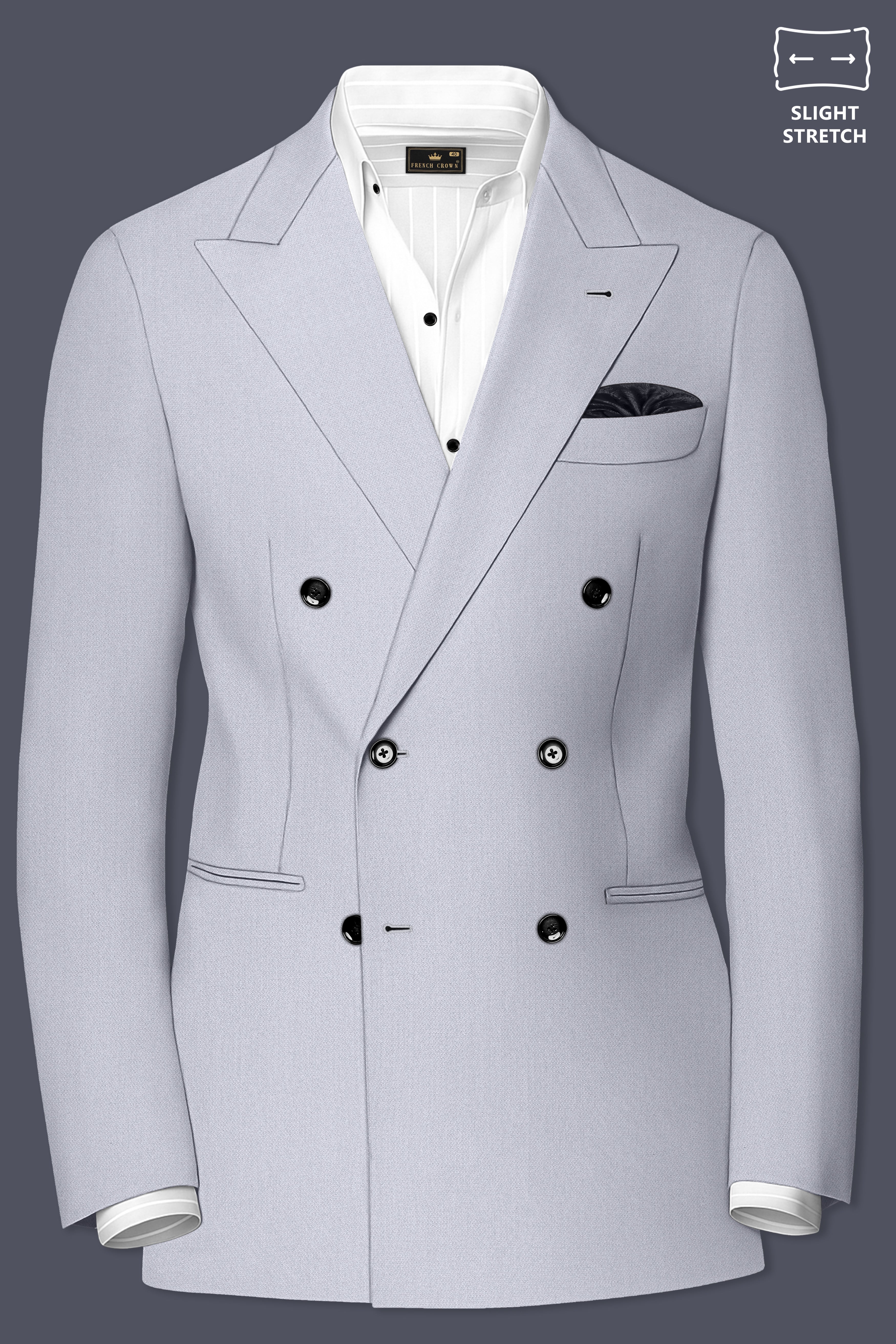 Mist-Spun Pearl Gray Diamond Textured Wool Rich Slight Stretch Double Breasted Blazer