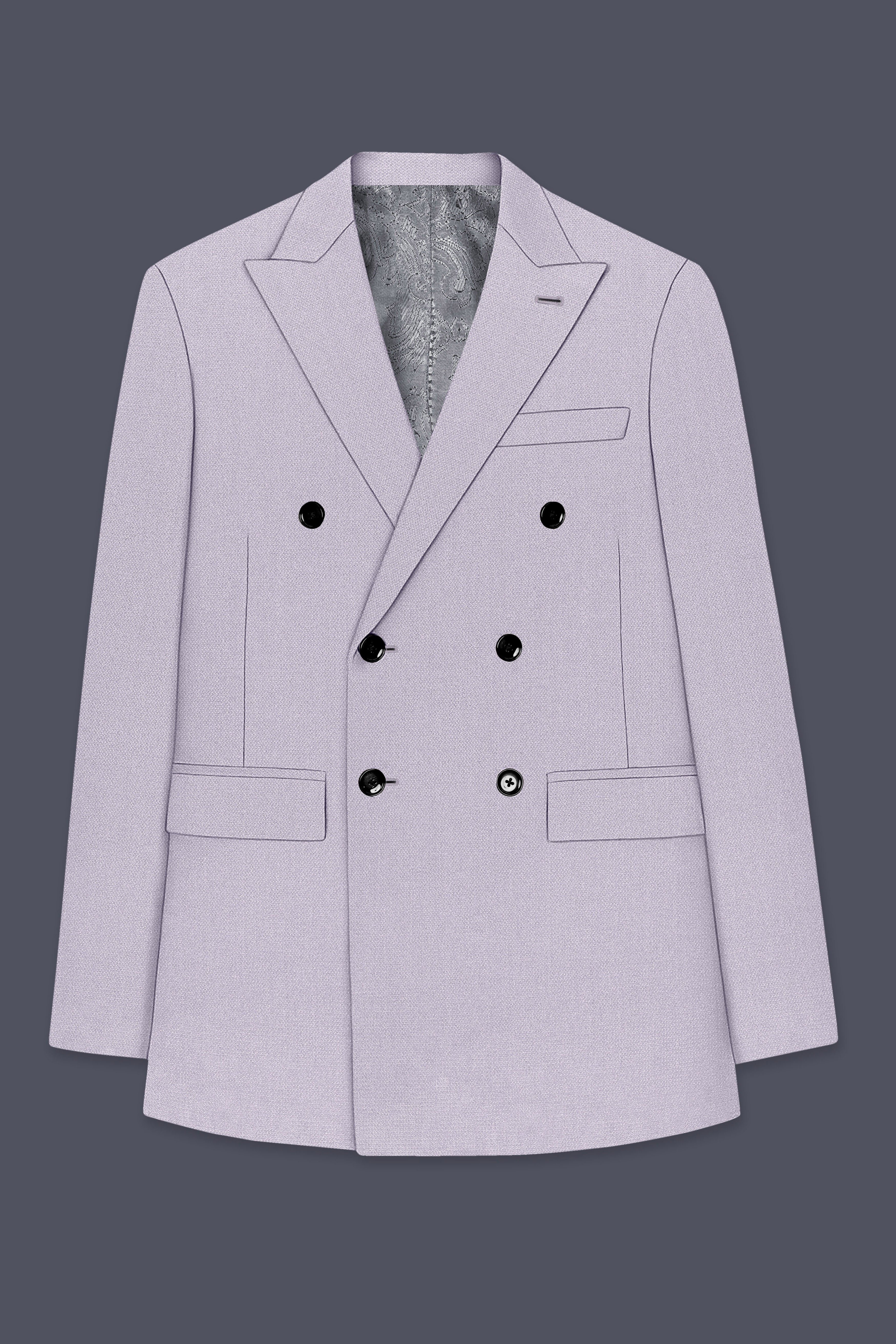Mist-Spun Pearl Gray Diamond Textured Wool Rich Slight Stretch Double Breasted Blazer
