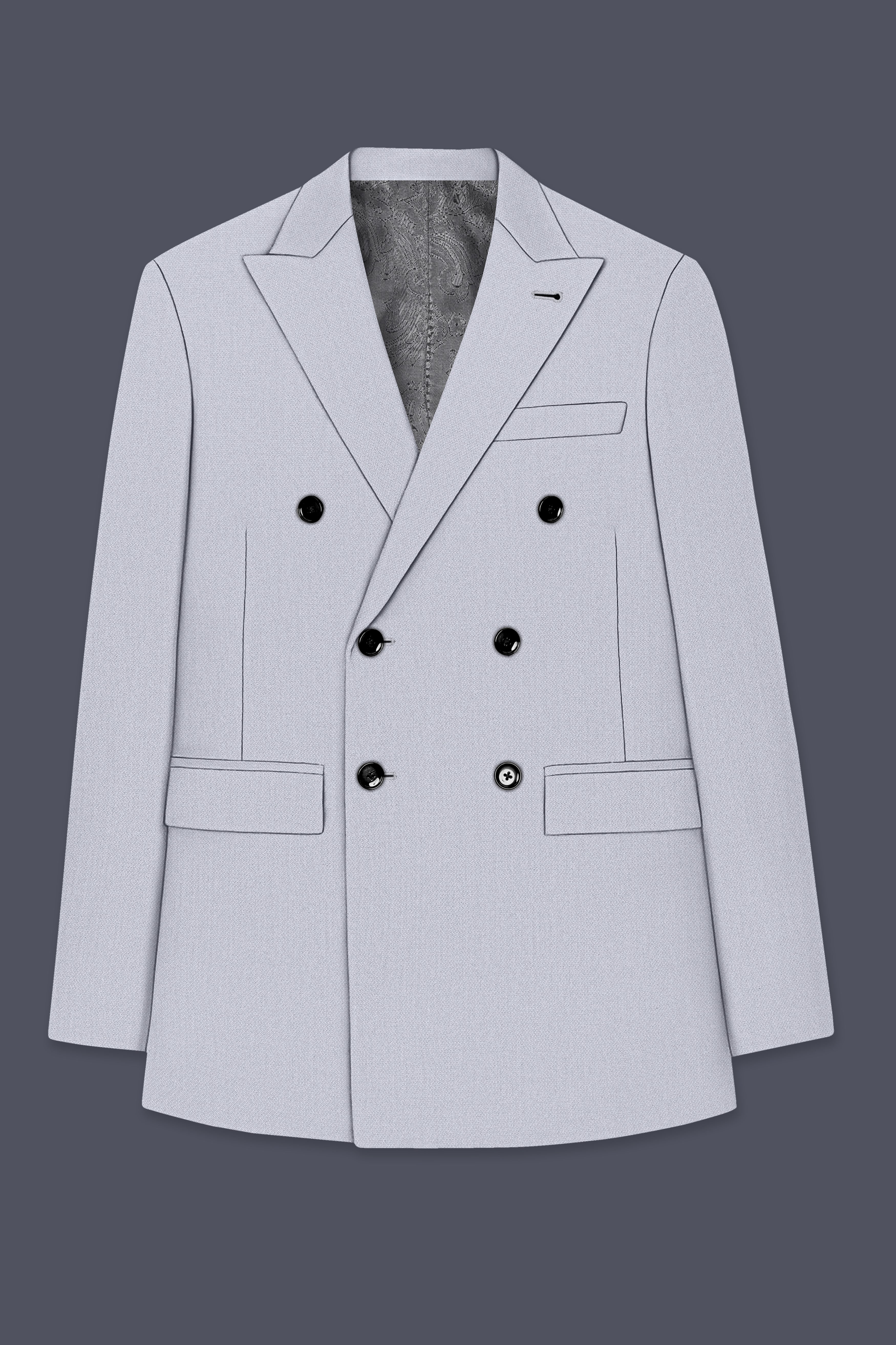 Mist-Spun Pearl Gray Diamond Textured Wool Rich Slight Stretch Double Breasted Blazer