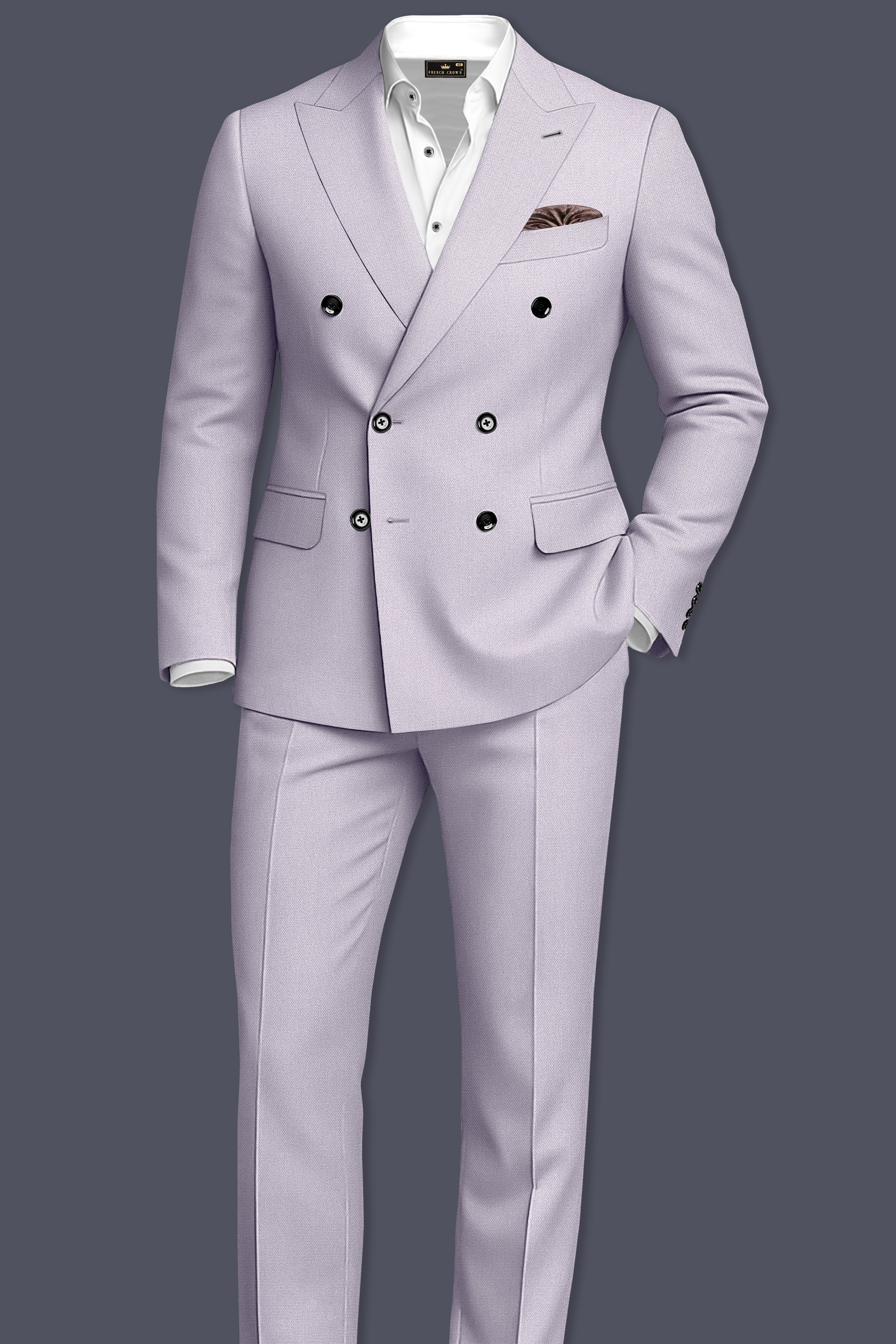 Mist-Spun Pearl Gray Diamond Textured Wool Rich Slight Stretch Double Breasted Blazer