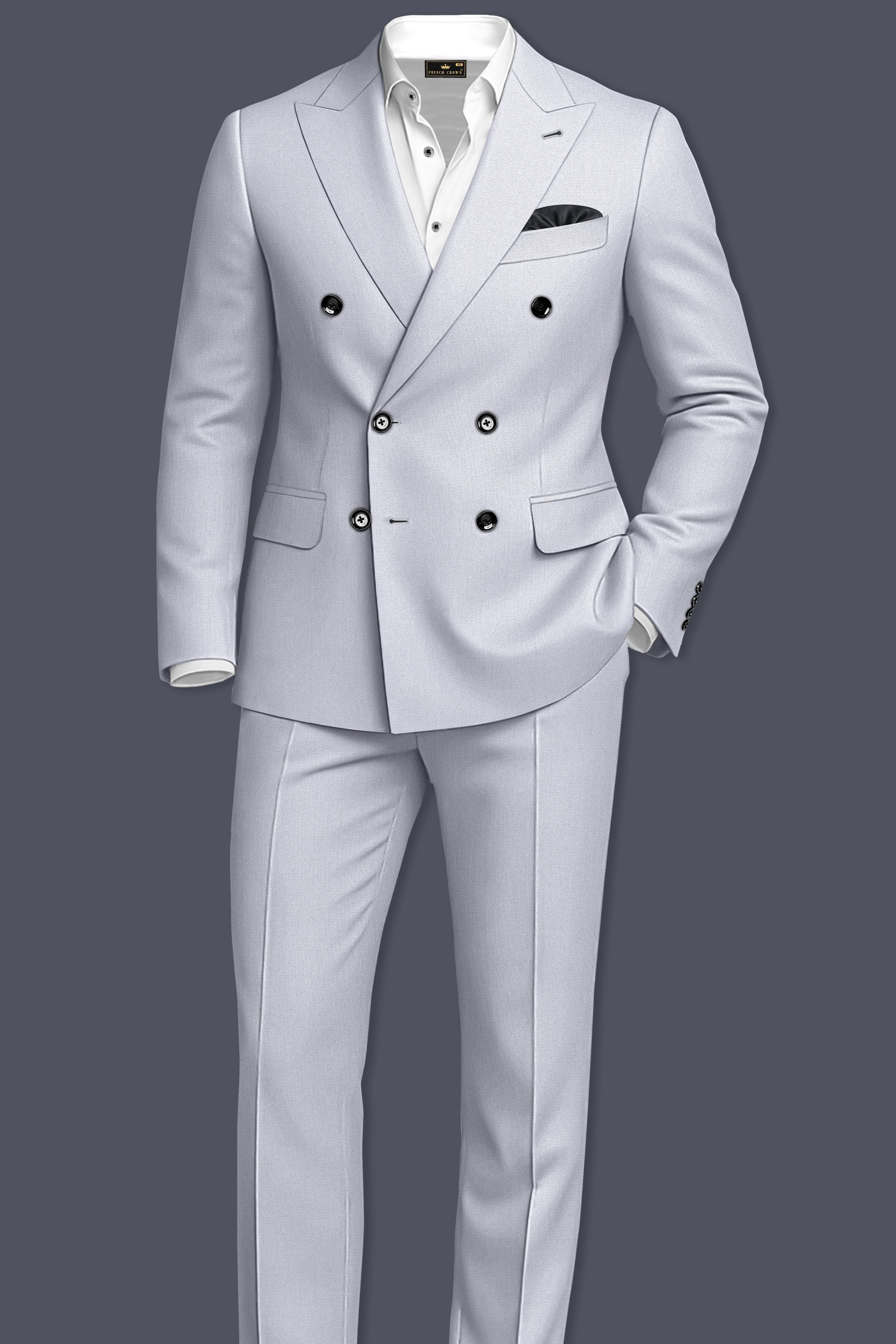 Mist-Spun Pearl Gray Diamond Textured Wool Rich Slight Stretch Double Breasted Blazer