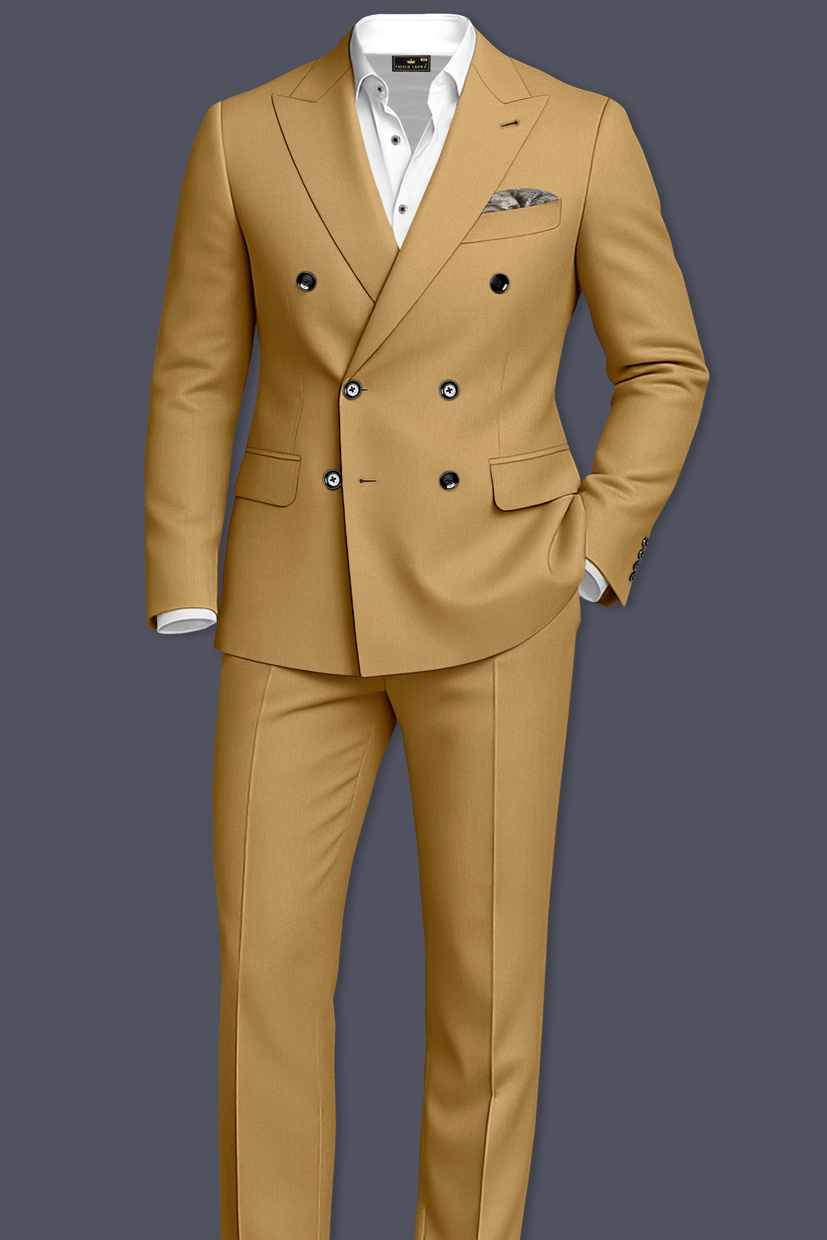 Sienna-Teak Brown Diamond Textured Wool Rich Slight Stretch Double Breasted Blazer