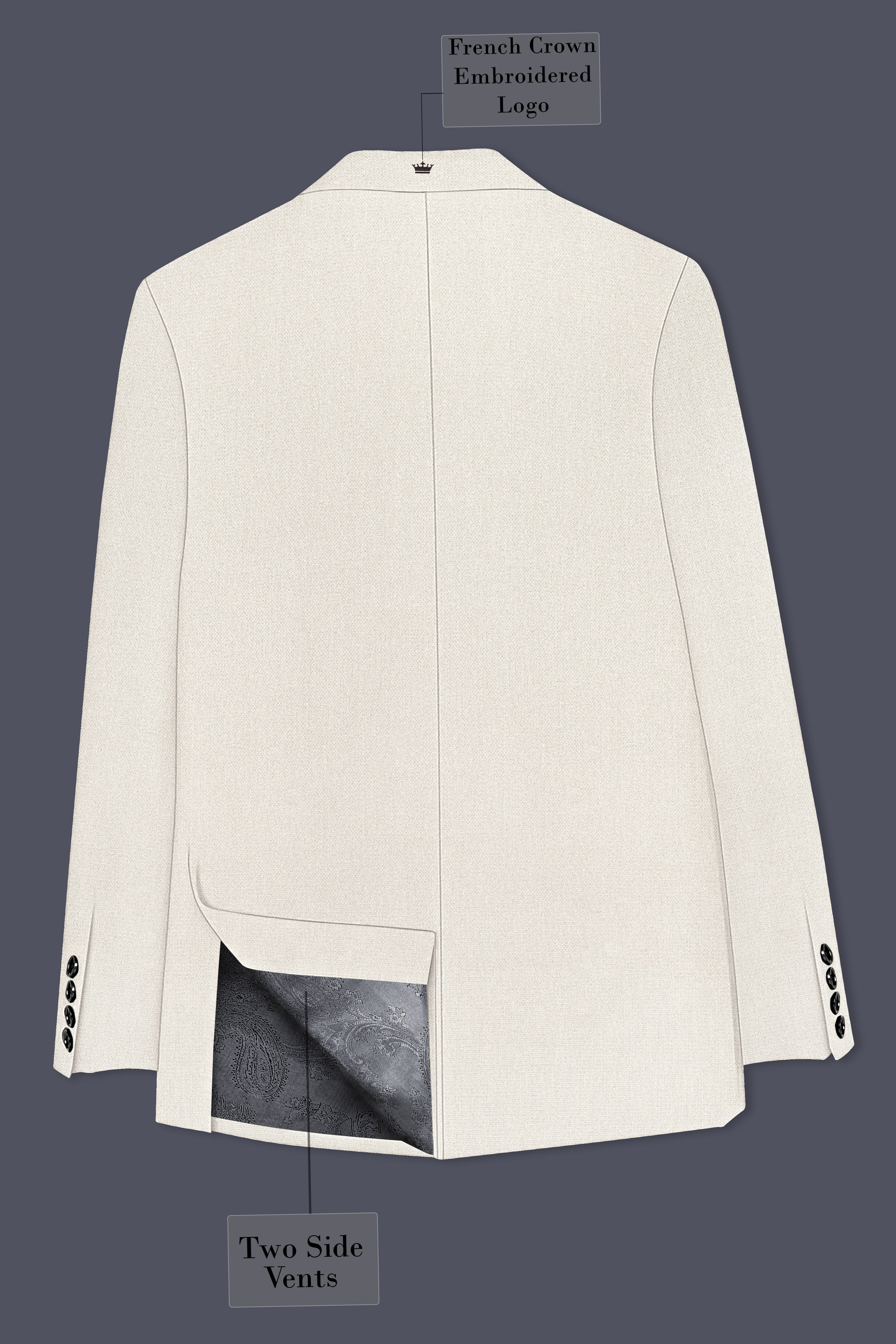 Ecru-Merino Off White Diamond Textured Wool Rich Slight Stretch Double Breasted Blazer