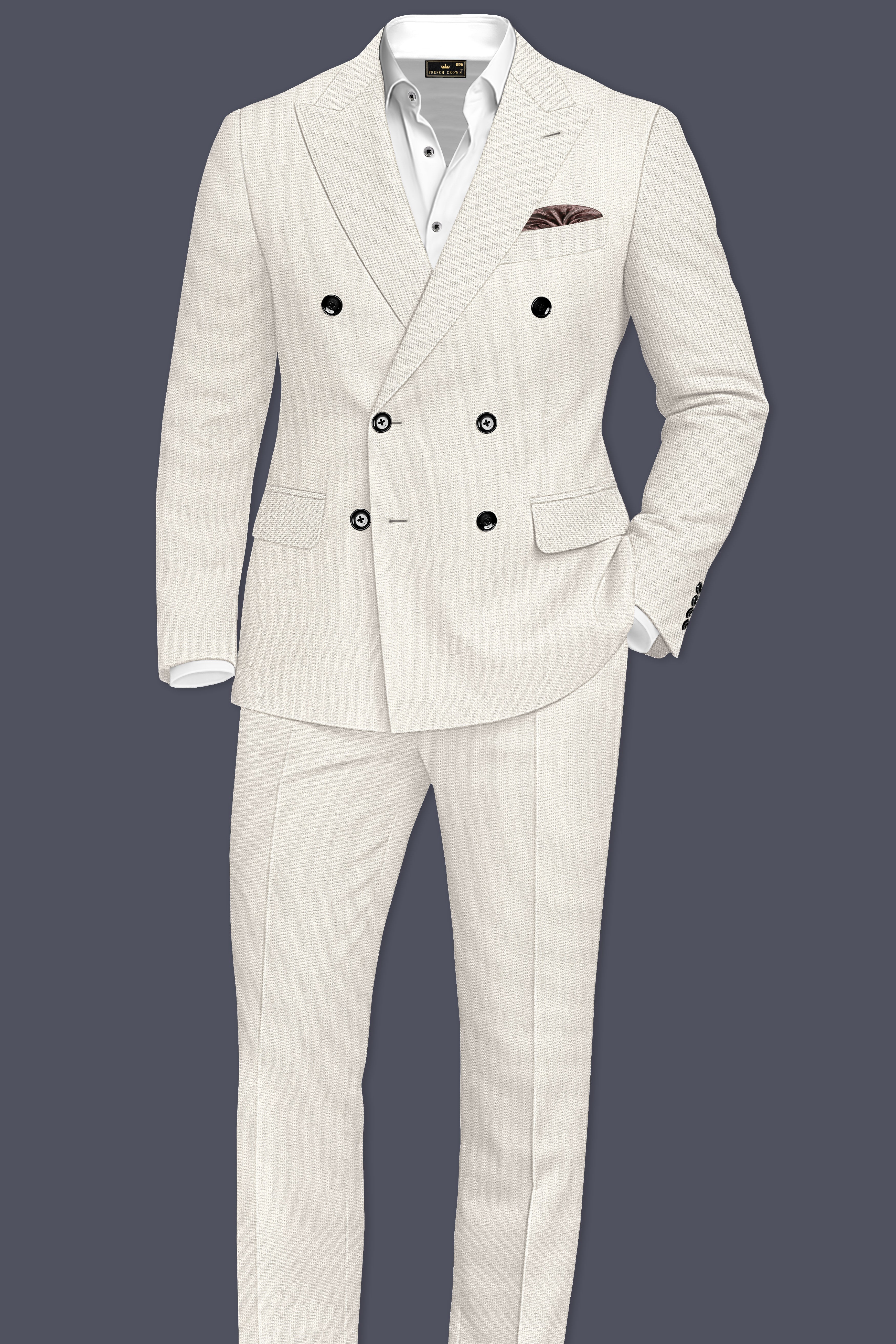 Ecru-Merino Off White Diamond Textured Wool Rich Slight Stretch Double Breasted Blazer