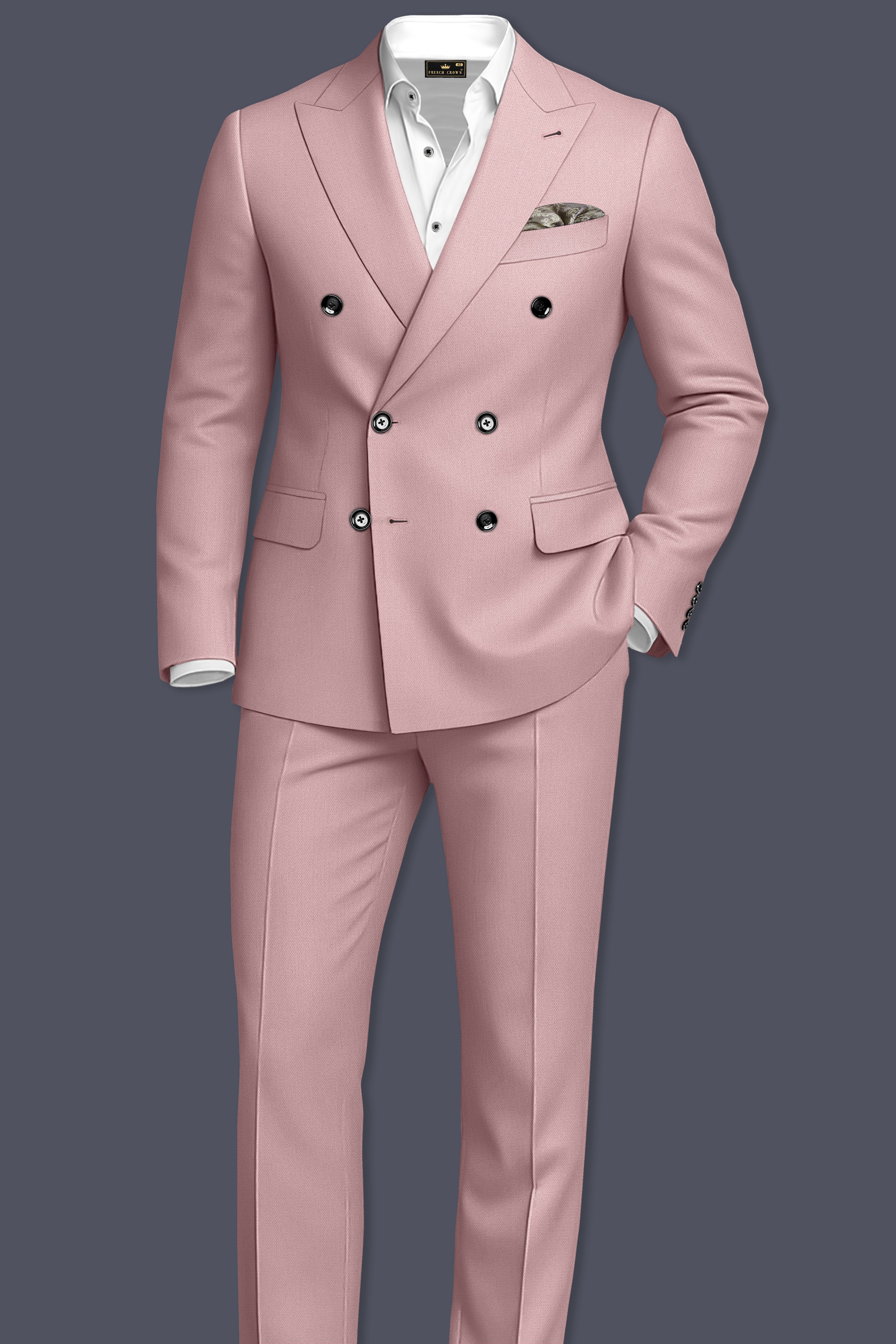 Aurore-Brandy Rose Pink Diamond Textured Wool Rich Slight Stretch Double Breasted Blazer