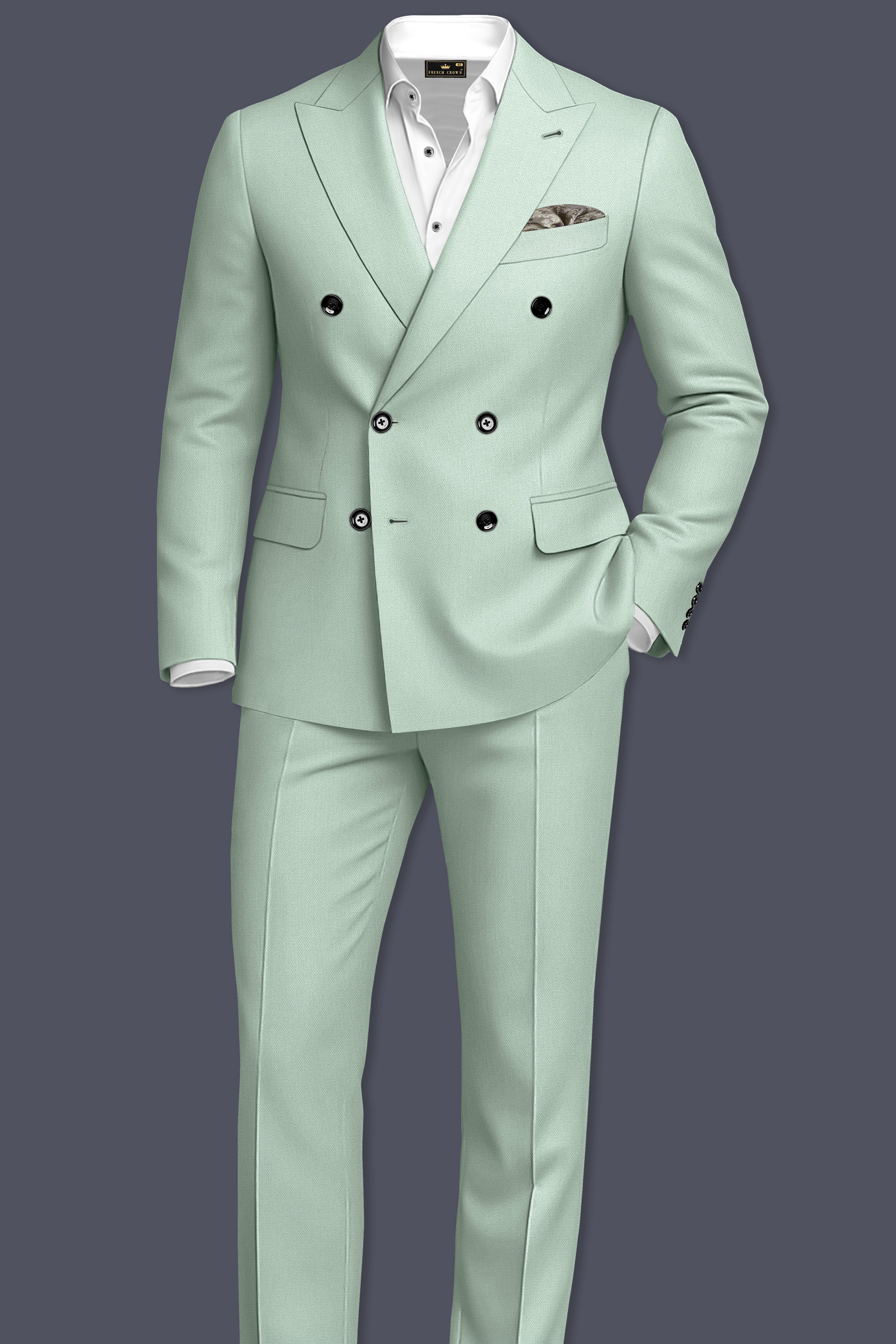 Sylvan-Cascade Green Diamond Textured Wool Rich Slight Stretch Double Breasted Blazer