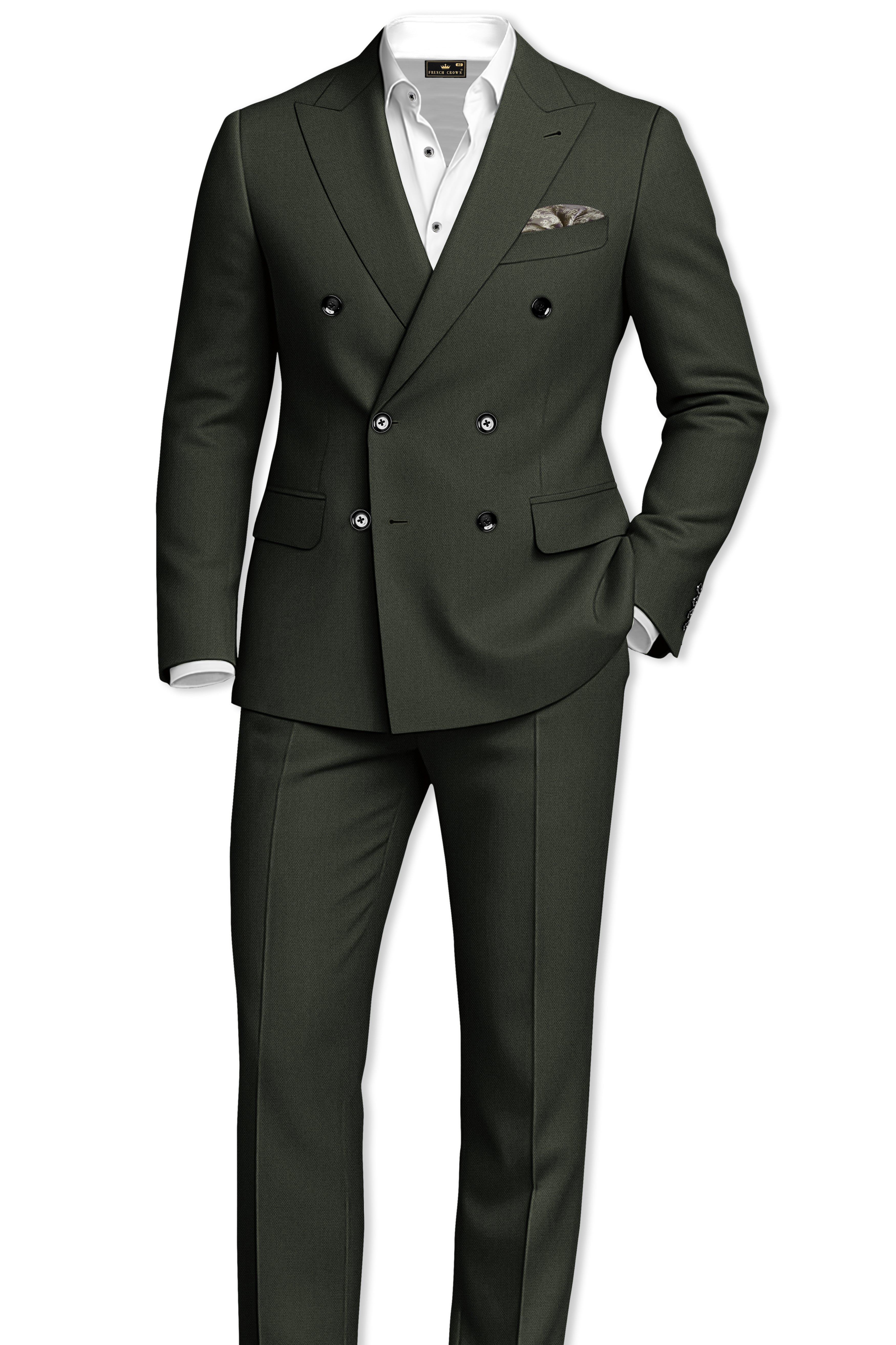 Velaro-Rangoon Green Diamond Textured Wool Rich Slight Stretch Double Breasted Blazer