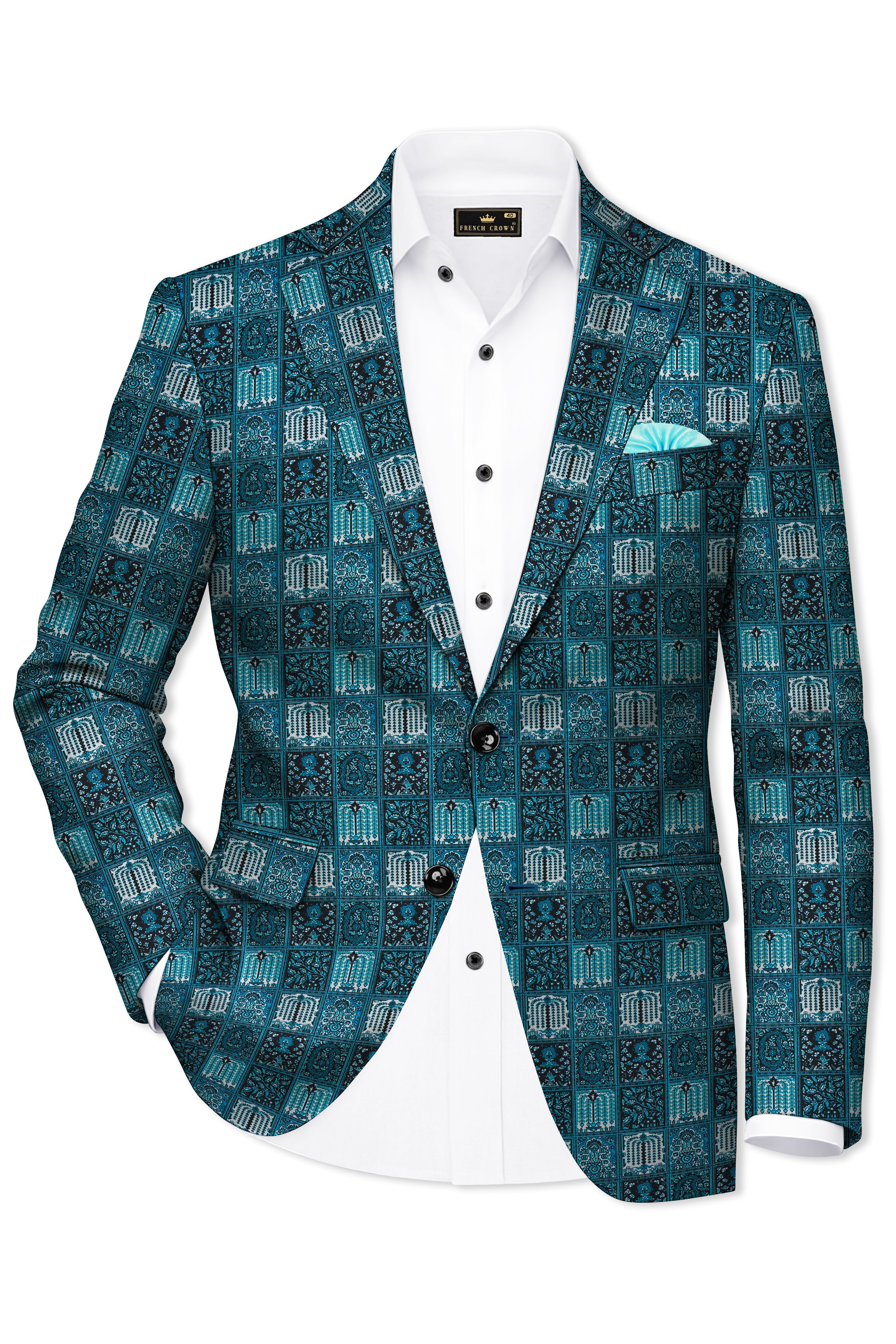 Zenith-Astronaut Blue Geometric Mosaic Printed Wool Rich Single Breasted Blazer