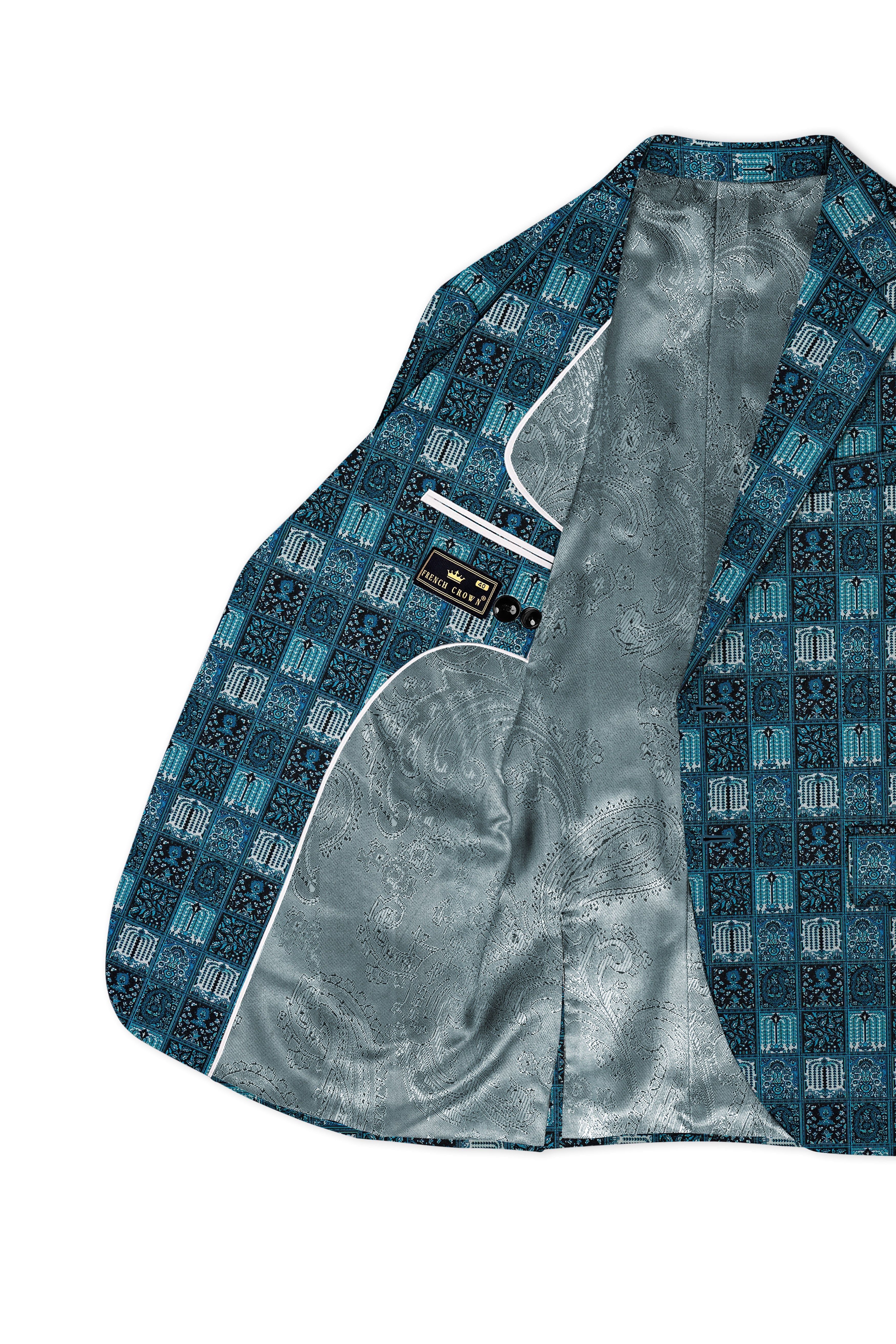 Zenith-Astronaut Blue Geometric Mosaic Printed Wool Rich Single Breasted Blazer