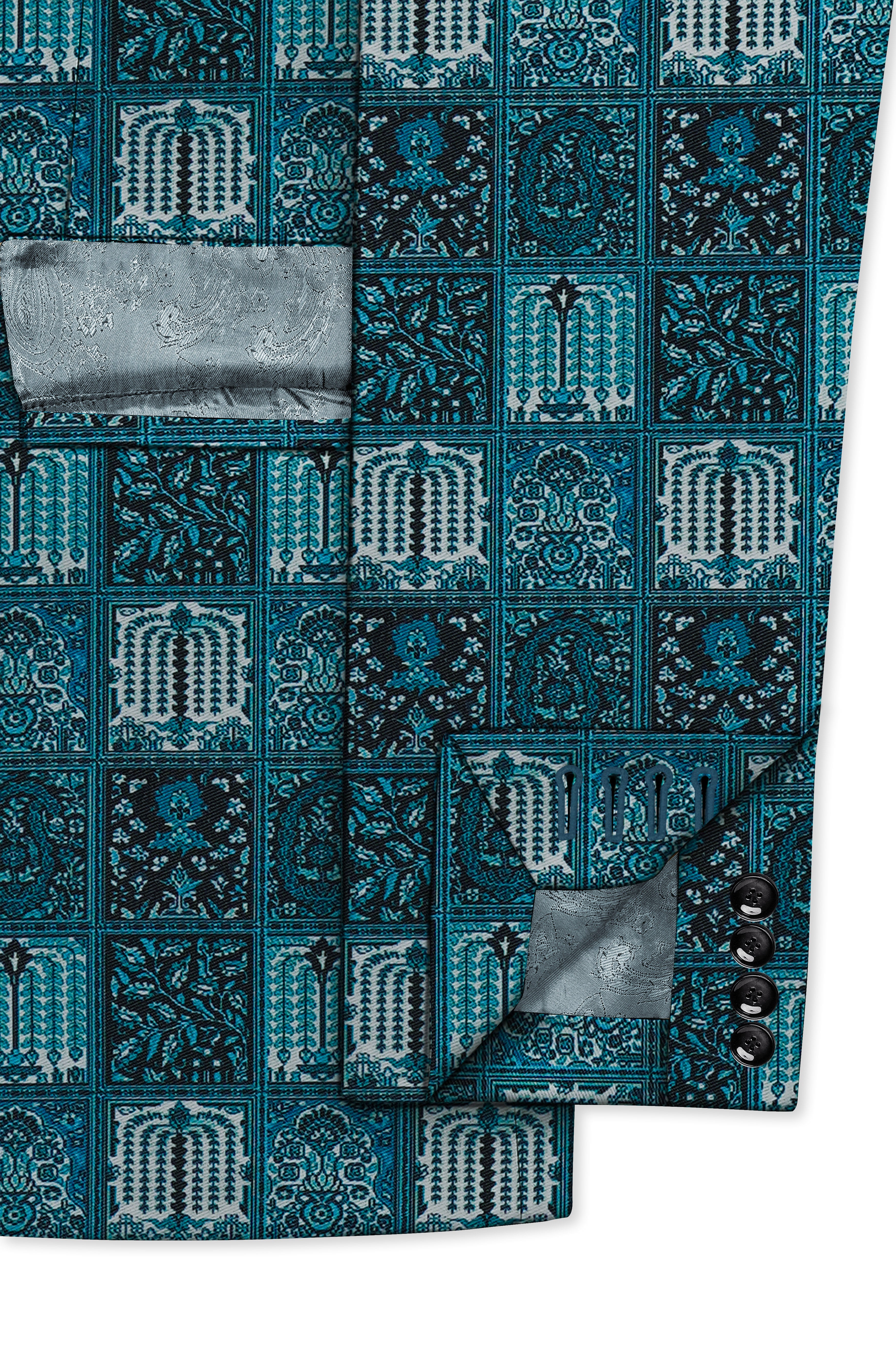 Zenith-Astronaut Blue Geometric Mosaic Printed Wool Rich Single Breasted Blazer