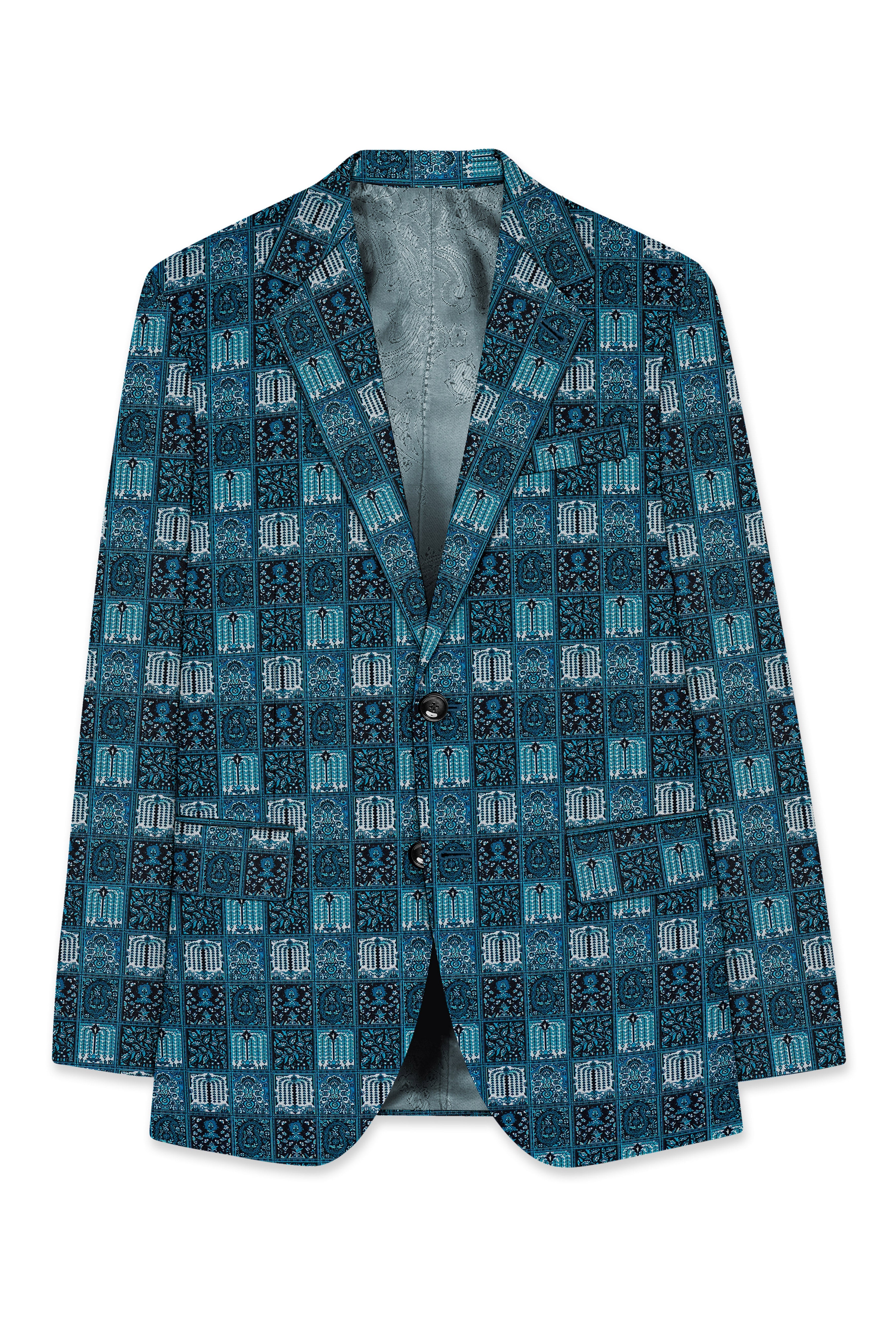 Zenith-Astronaut Blue Geometric Mosaic Printed Wool Rich Single Breasted Blazer