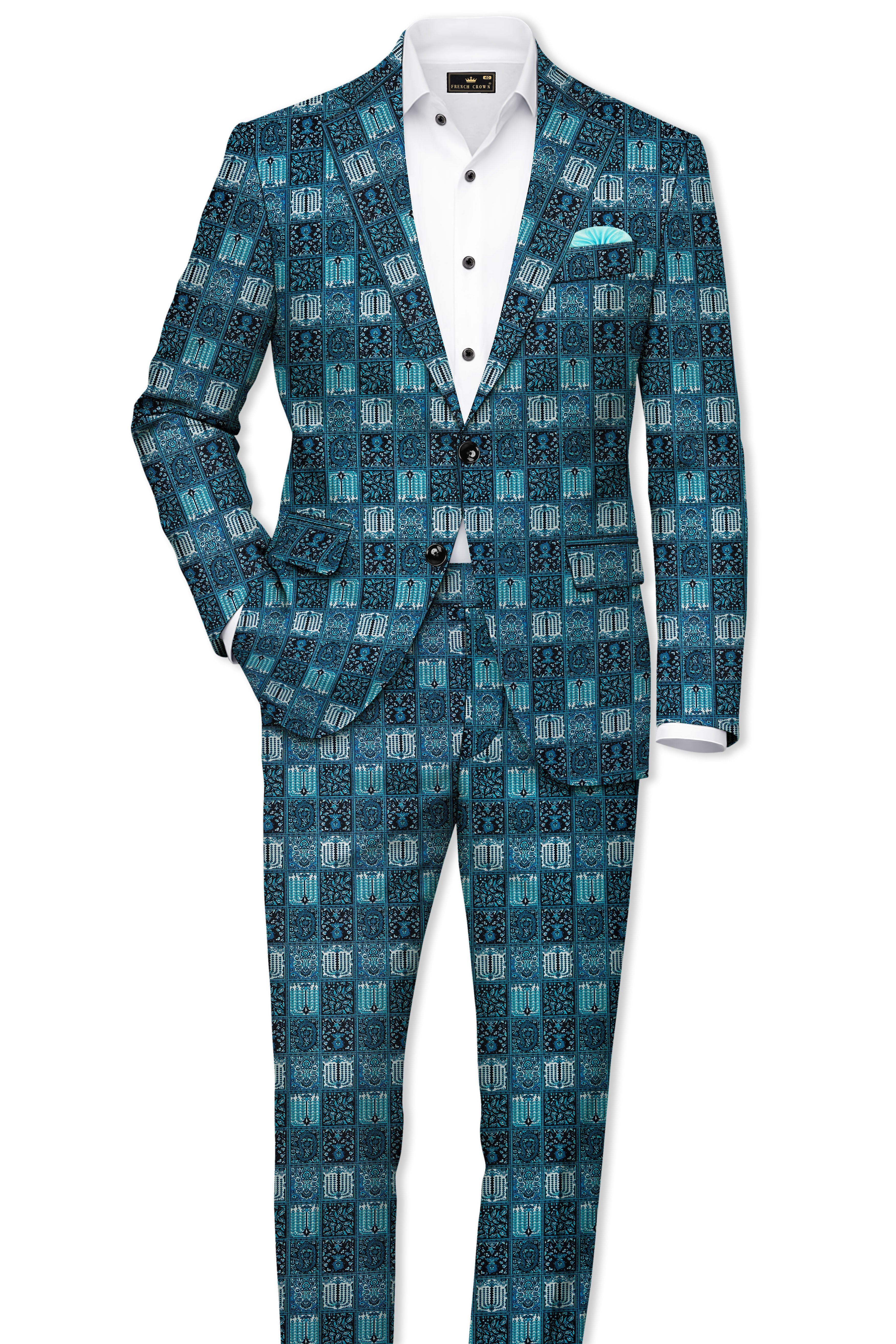 Zenith-Astronaut Blue Geometric Mosaic Printed Wool Rich Single Breasted Blazer