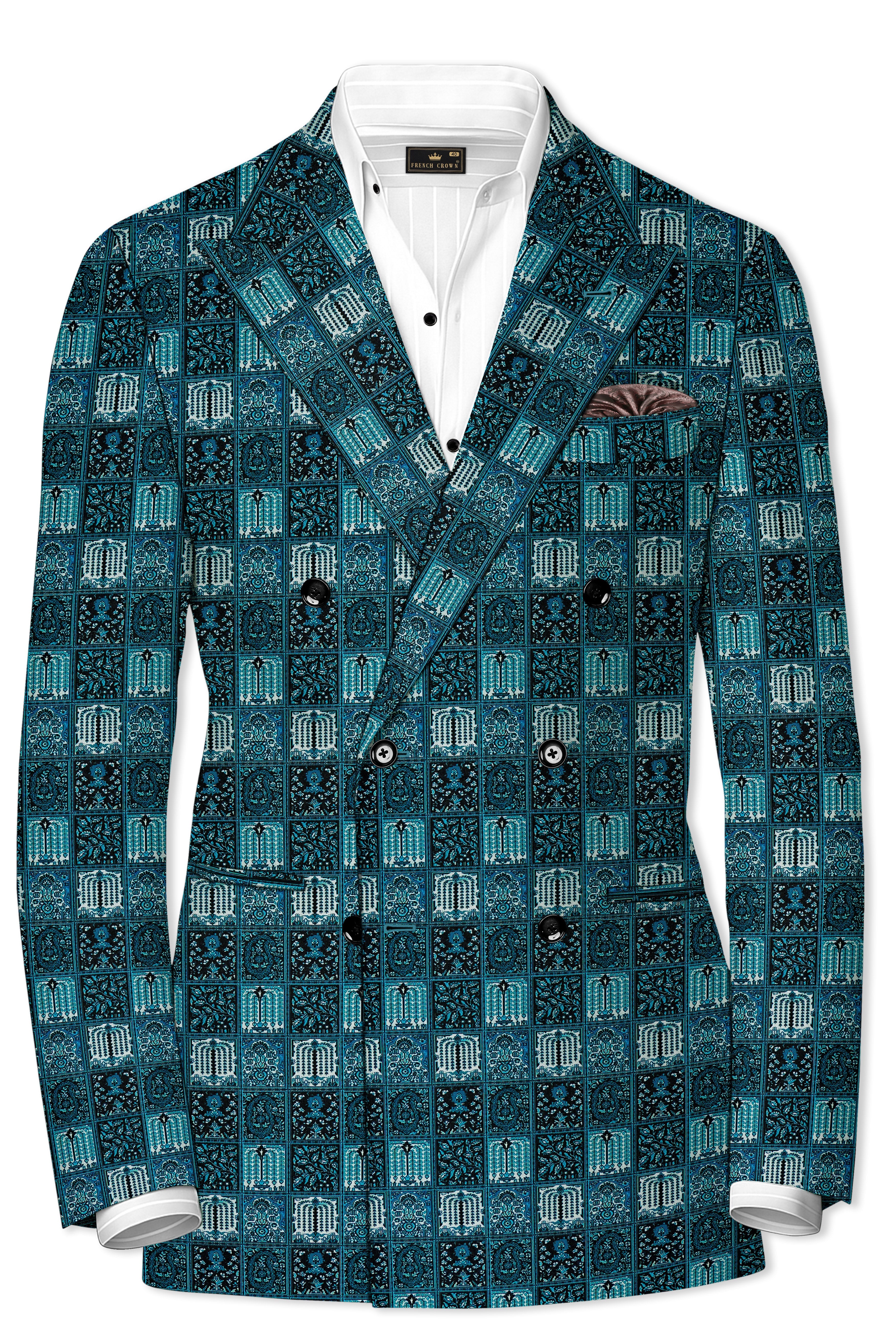Zenith-Astronaut Blue Geometric Mosaic Printed Wool Rich Double Breasted Blazer