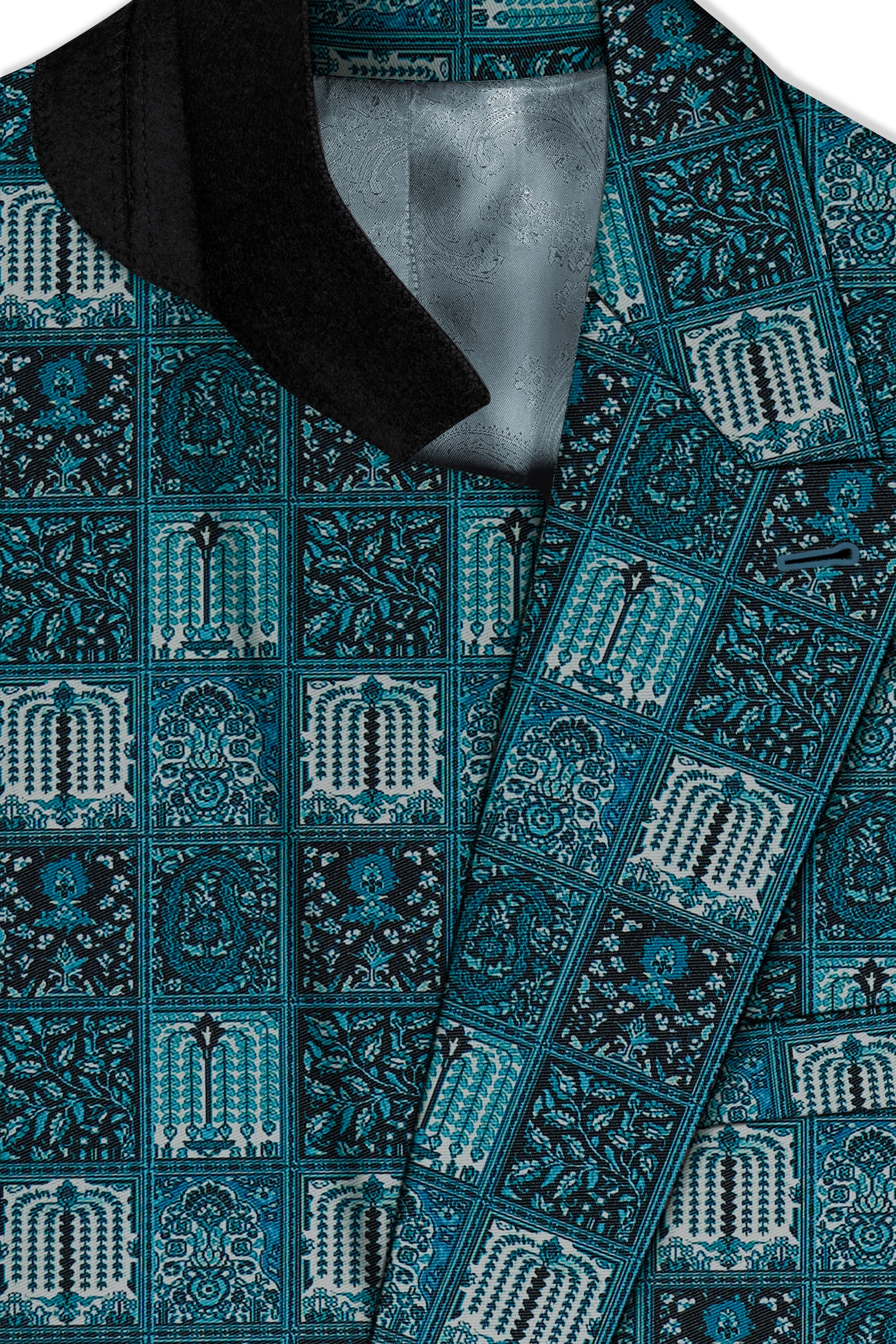 Zenith-Astronaut Blue Geometric Mosaic Printed Wool Rich Double Breasted Blazer