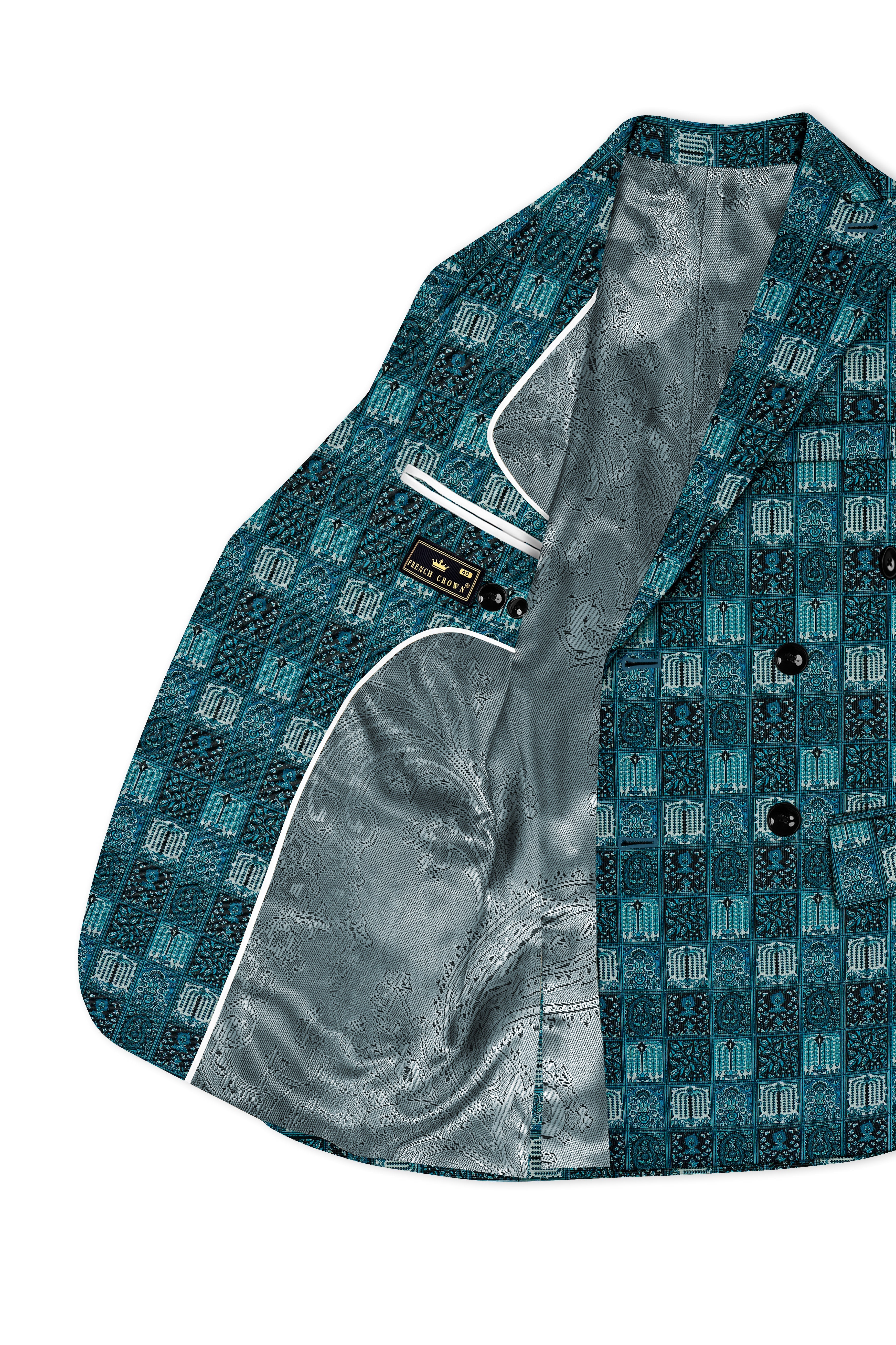 Zenith-Astronaut Blue Geometric Mosaic Printed Wool Rich Double Breasted Blazer