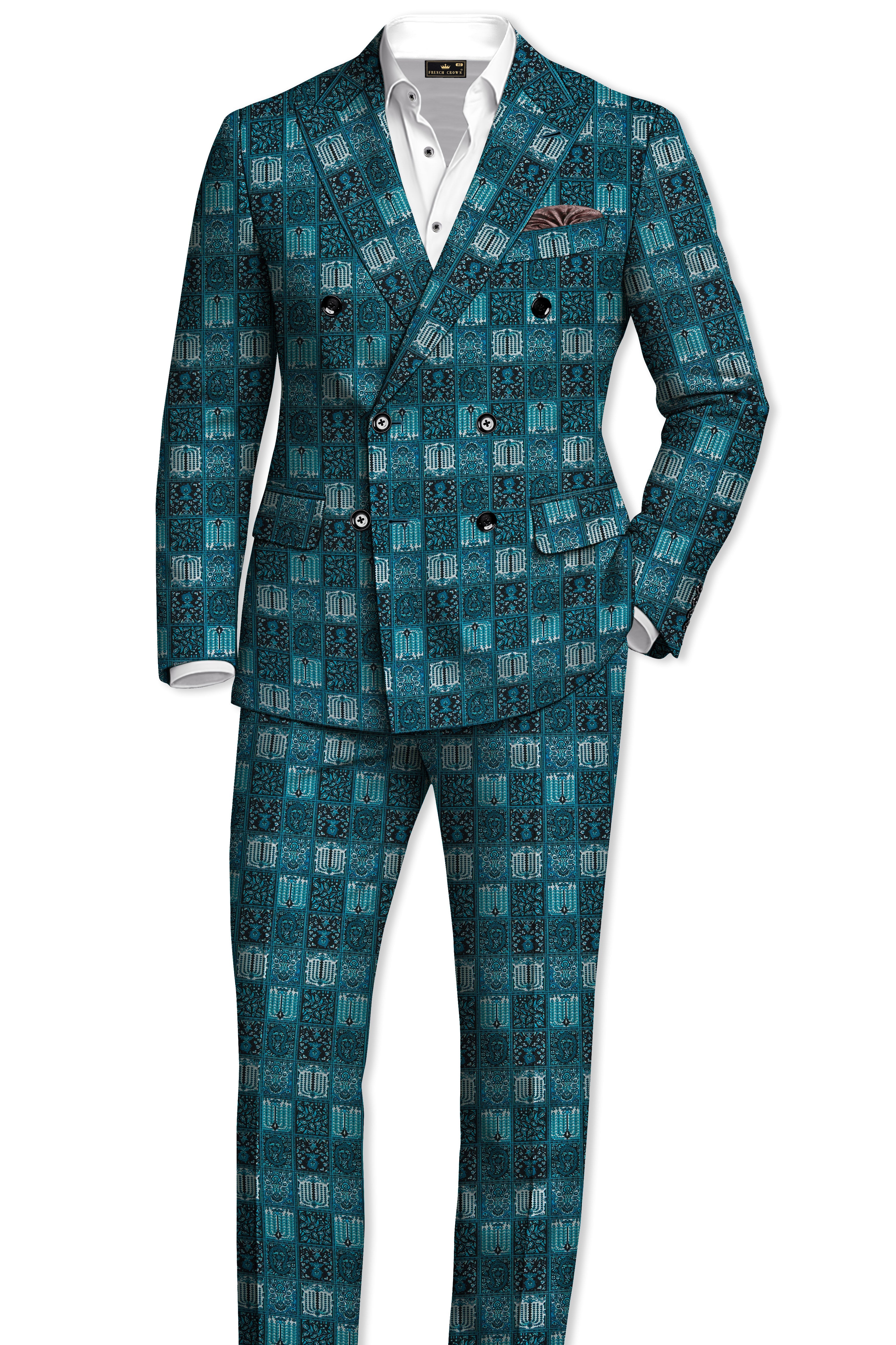 Zenith-Astronaut Blue Geometric Mosaic Printed Wool Rich Double Breasted Blazer