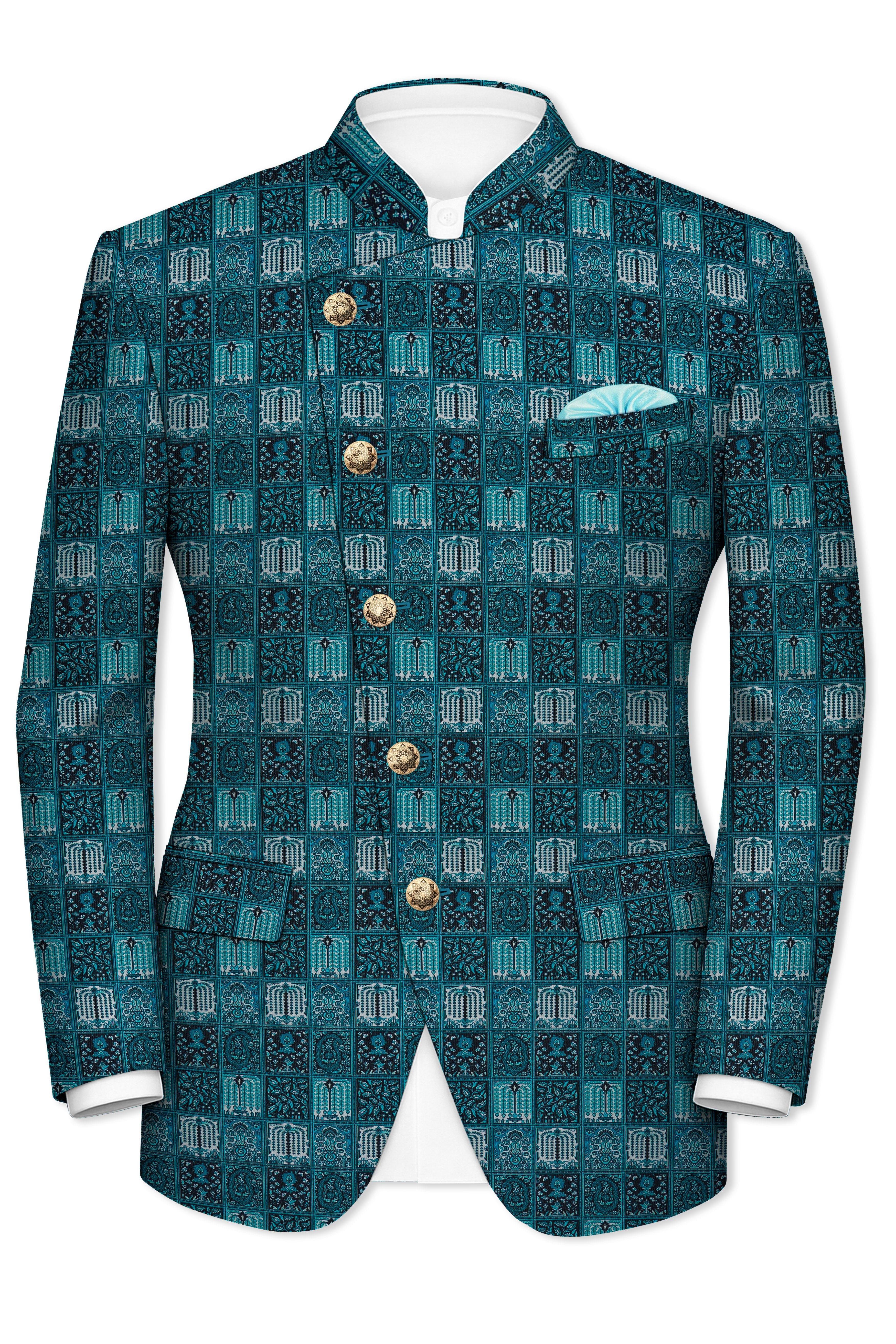 Zenith-Astronaut Blue Geometric Mosaic Printed Wool Rich Slight Stretch Cross Placket Bandhgala Blazer