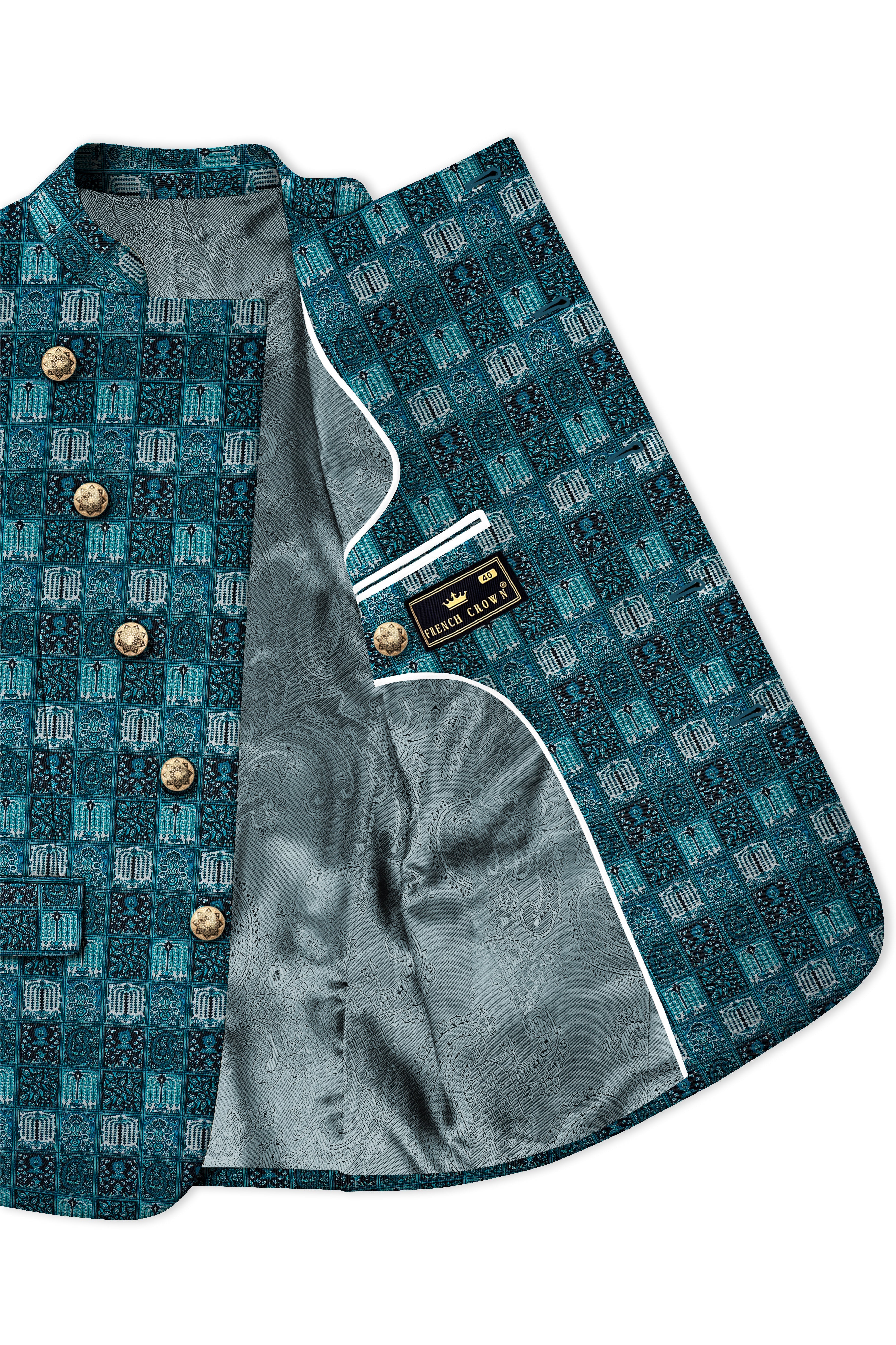Zenith-Astronaut Blue Geometric Mosaic Printed Wool Rich Slight Stretch Cross Placket Bandhgala Blazer