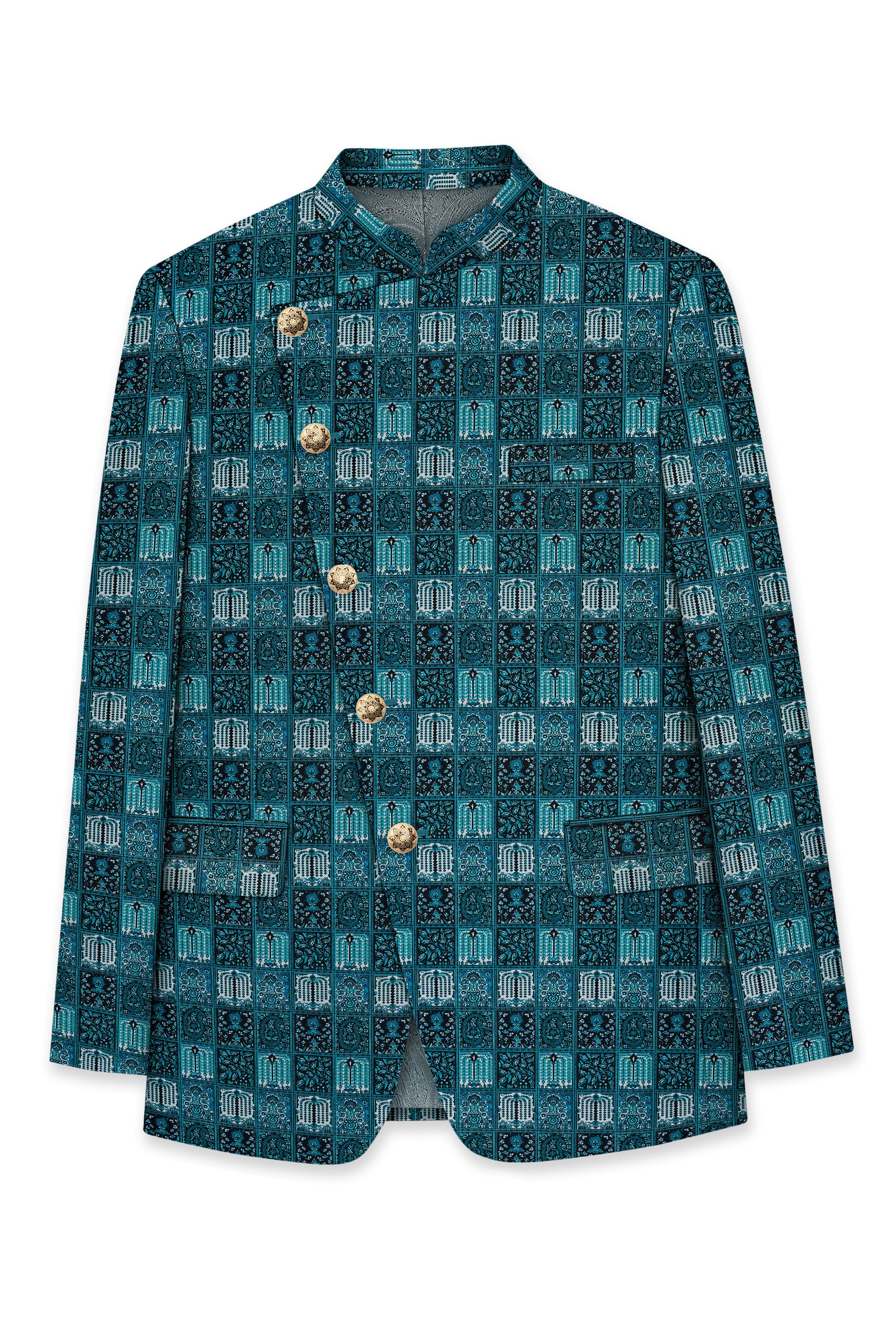 Zenith-Astronaut Blue Geometric Mosaic Printed Wool Rich Slight Stretch Cross Placket Bandhgala Blazer