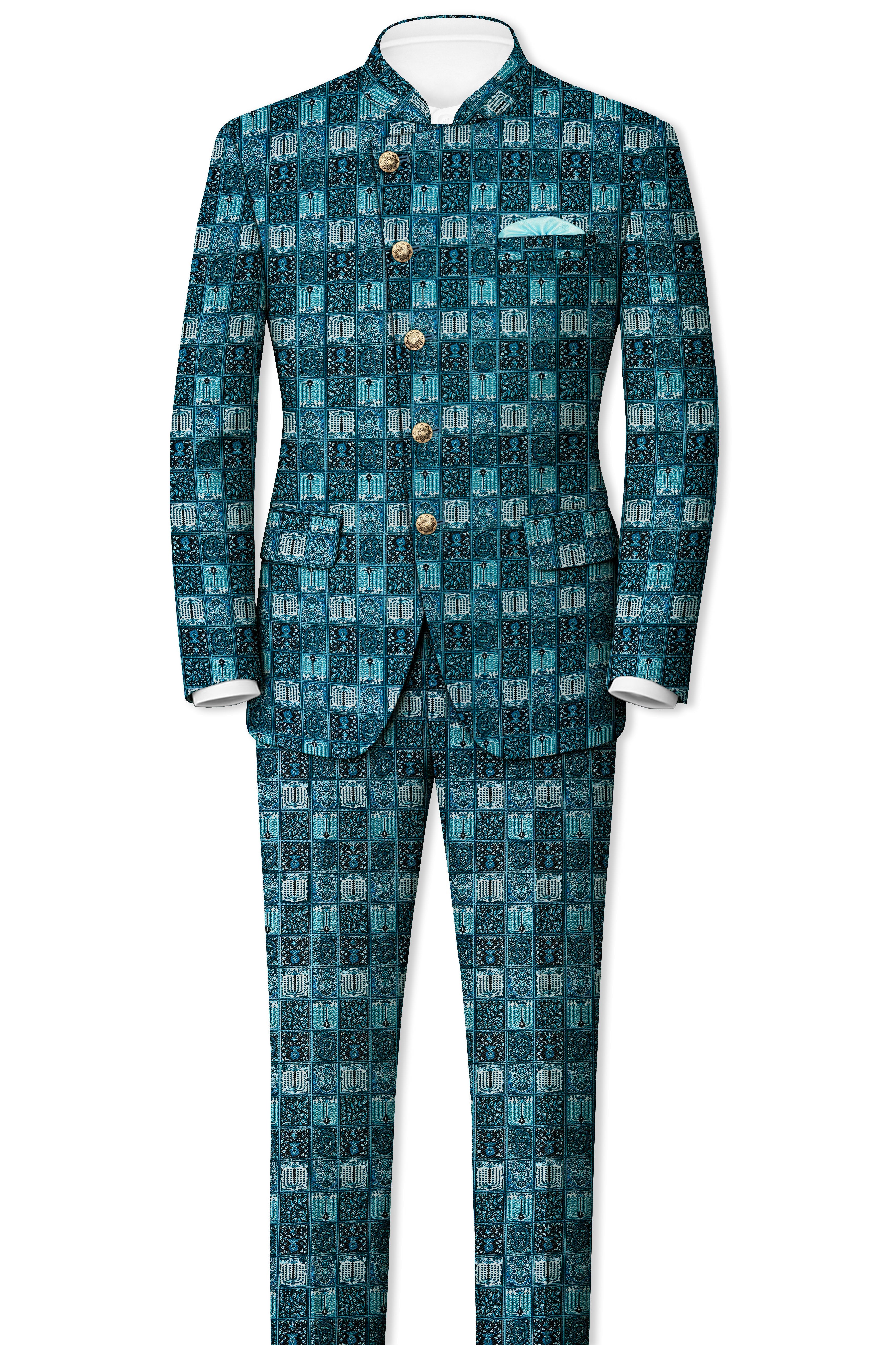 Zenith-Astronaut Blue Geometric Mosaic Printed Wool Rich Slight Stretch Cross Placket Bandhgala Blazer