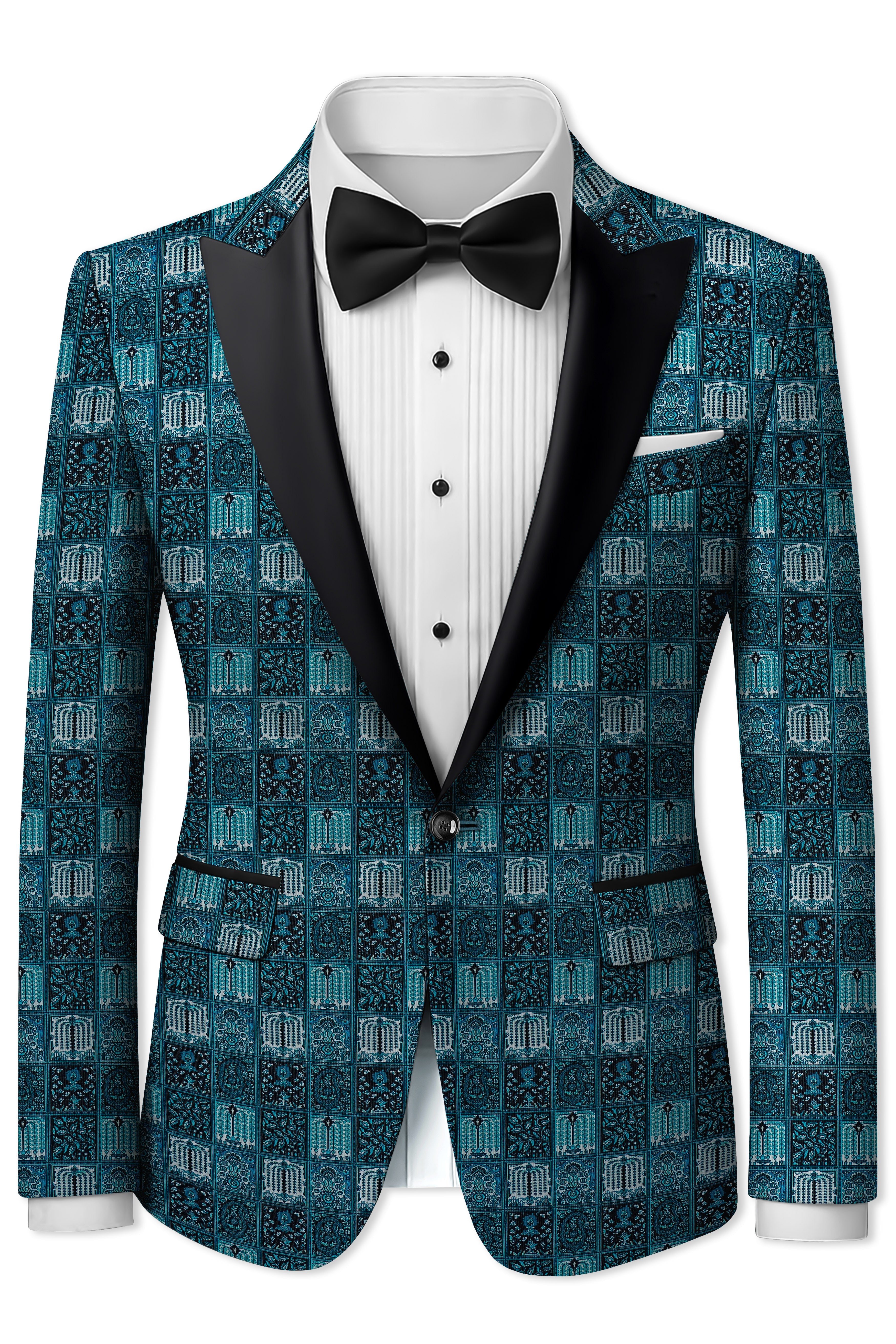 Zenith-Astronaut Blue Geometric Mosaic Printed Wool Rich Peak Lapel Tuxedo Blazer