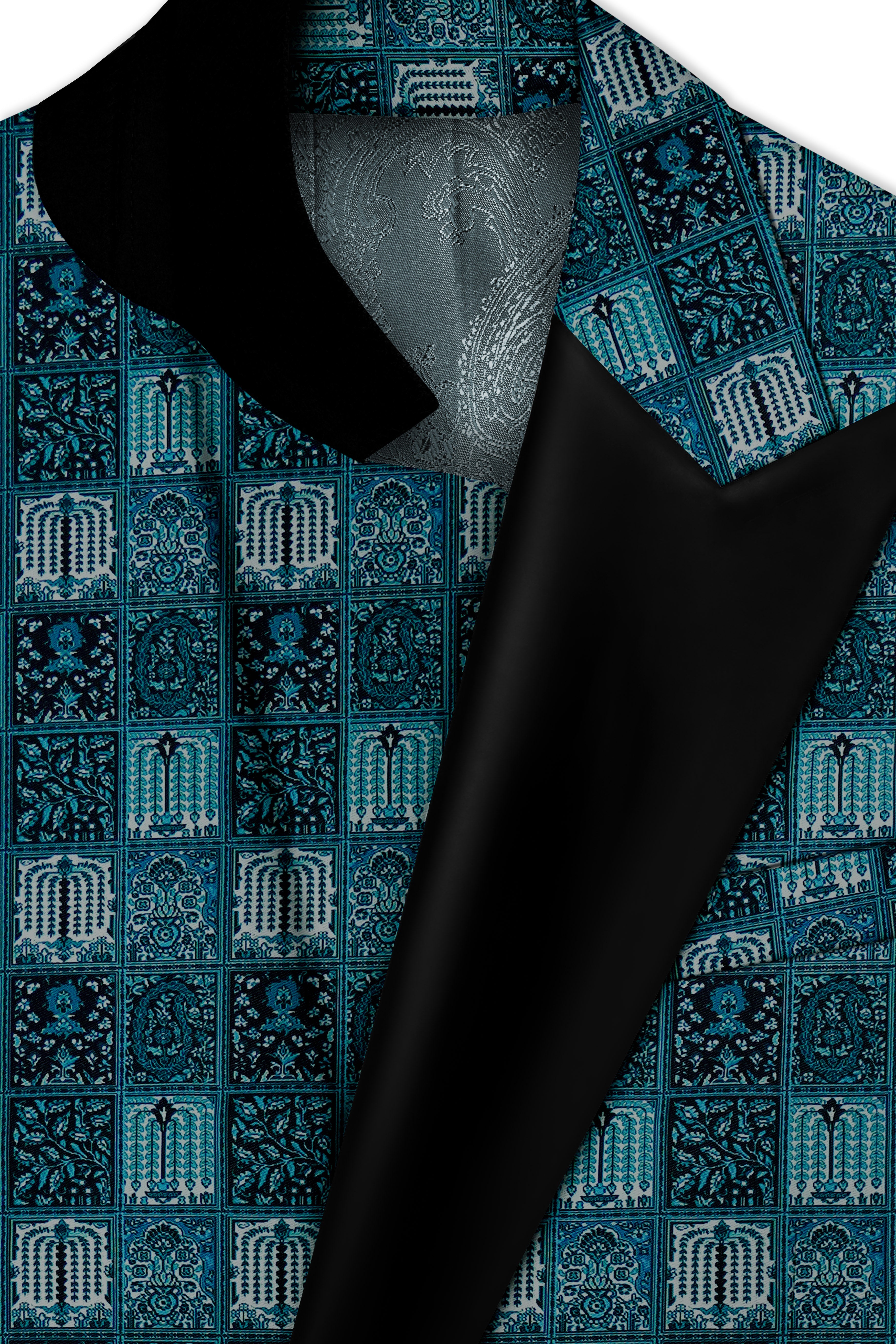 Zenith-Astronaut Blue Geometric Mosaic Printed Wool Rich Peak Lapel Tuxedo Blazer