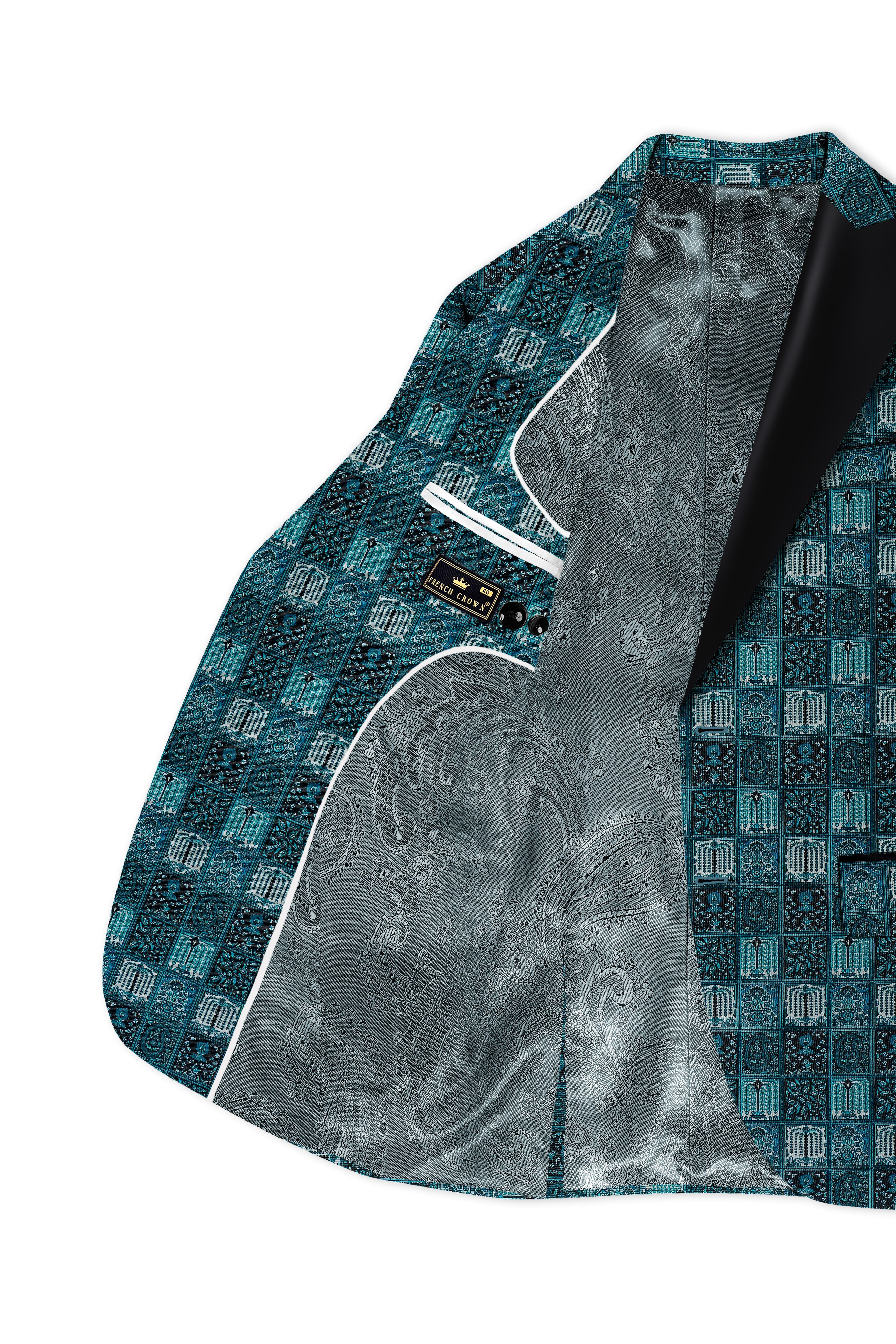 Zenith-Astronaut Blue Geometric Mosaic Printed Wool Rich Peak Lapel Tuxedo Blazer