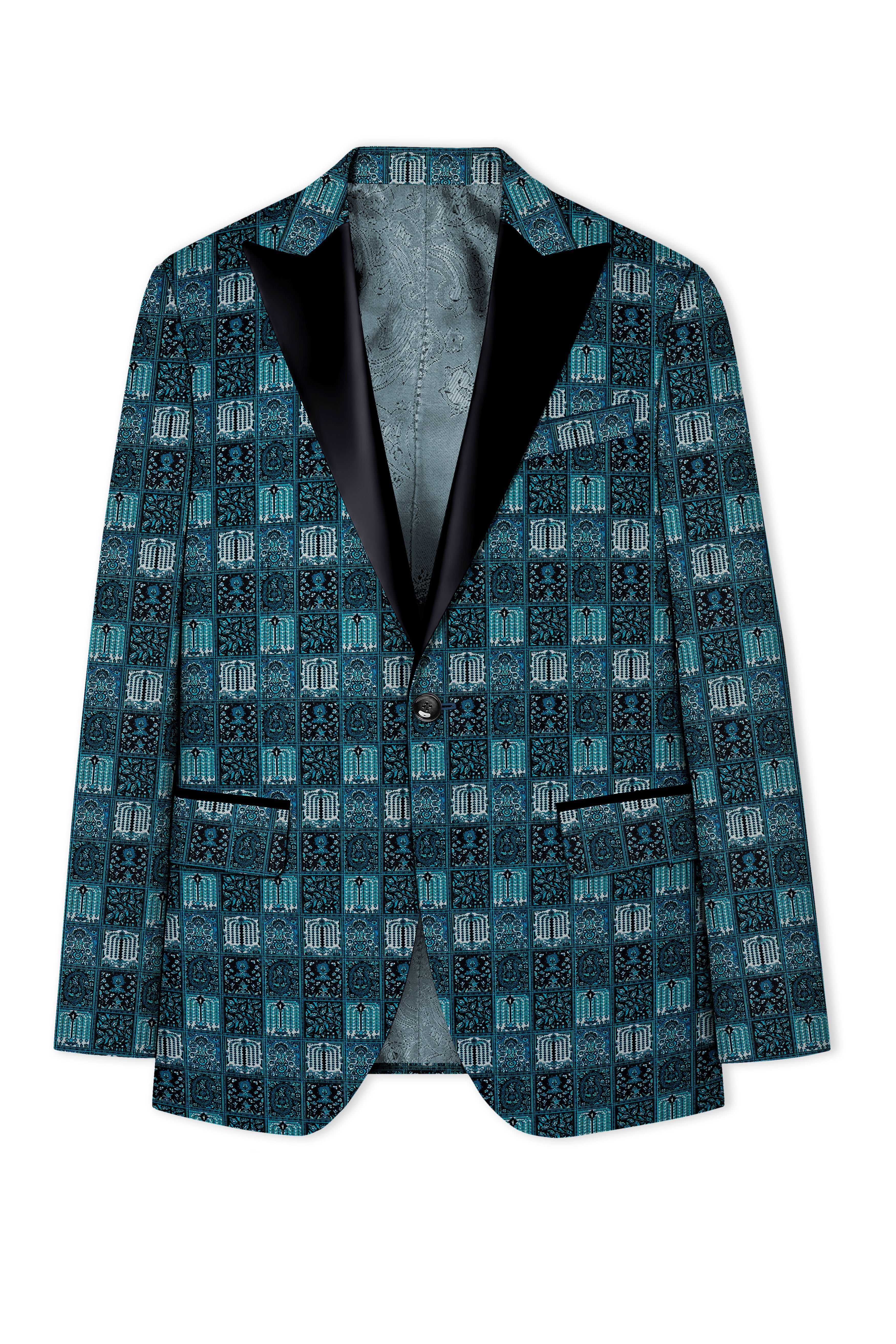 Zenith-Astronaut Blue Geometric Mosaic Printed Wool Rich Peak Lapel Tuxedo Blazer