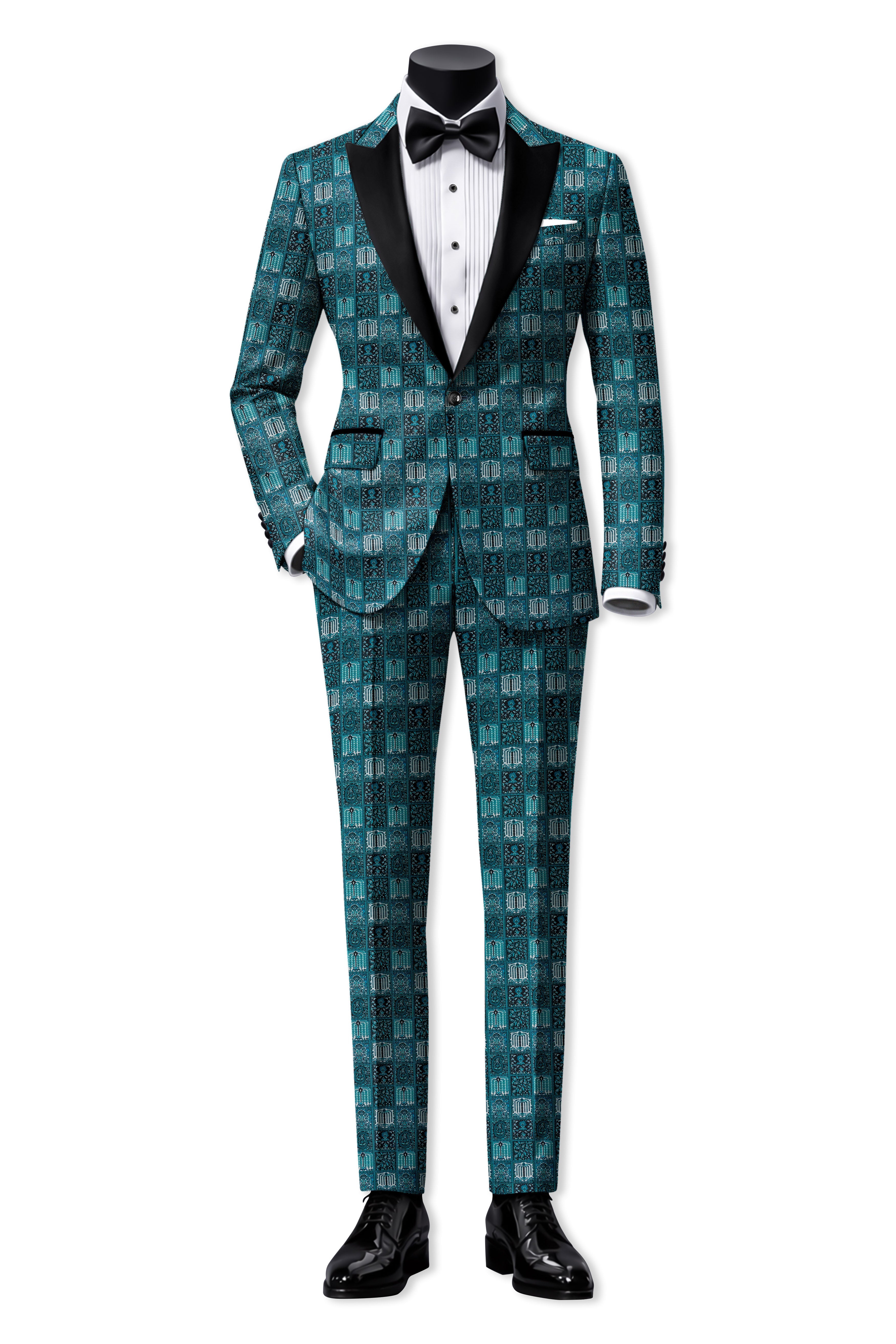 Zenith-Astronaut Blue Geometric Mosaic Printed Wool Rich Peak Lapel Tuxedo Blazer