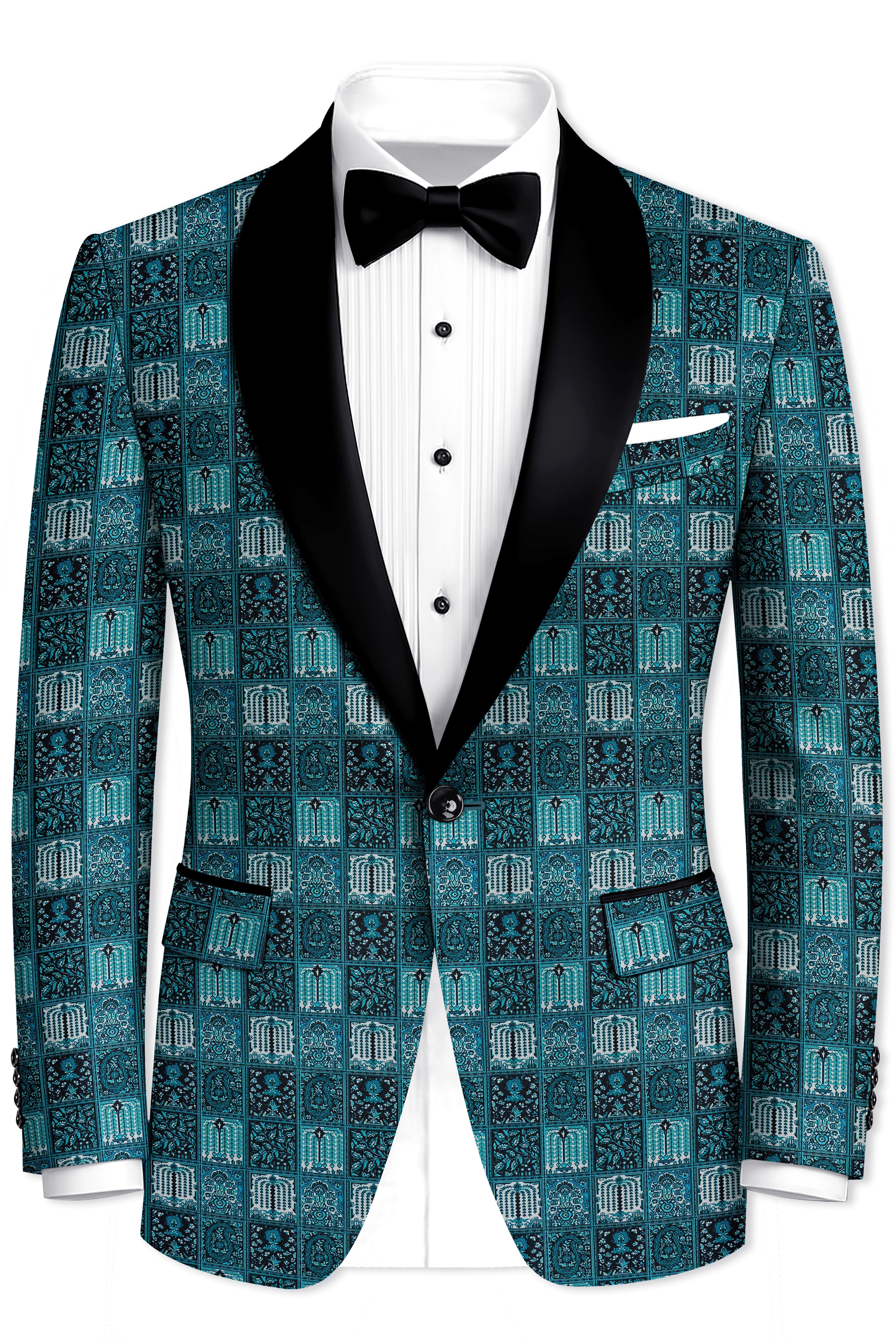 Zenith-Astronaut Blue Geometric Mosaic Printed Wool Rich Tuxedo Blazer