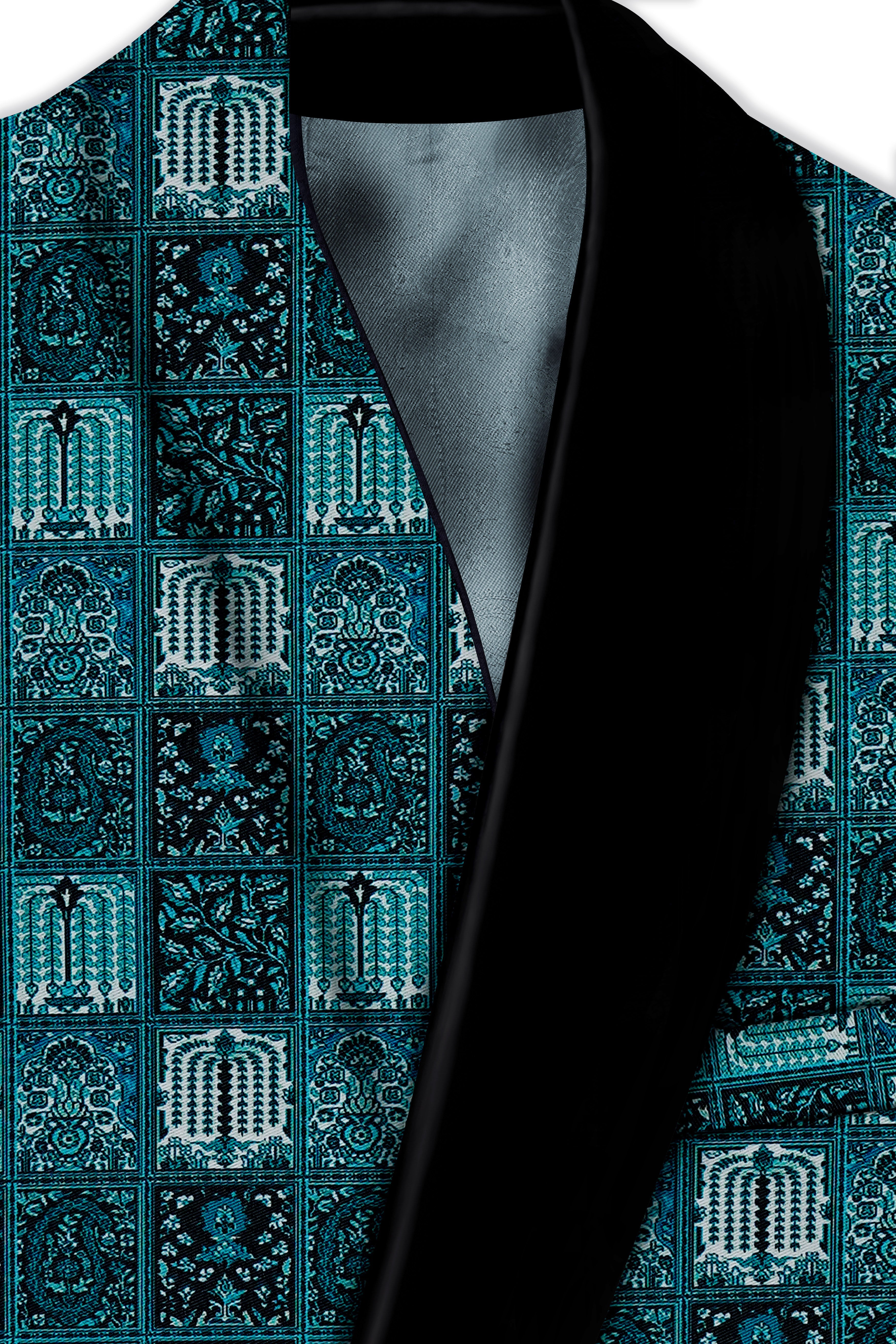 Zenith-Astronaut Blue Geometric Mosaic Printed Wool Rich Tuxedo Blazer