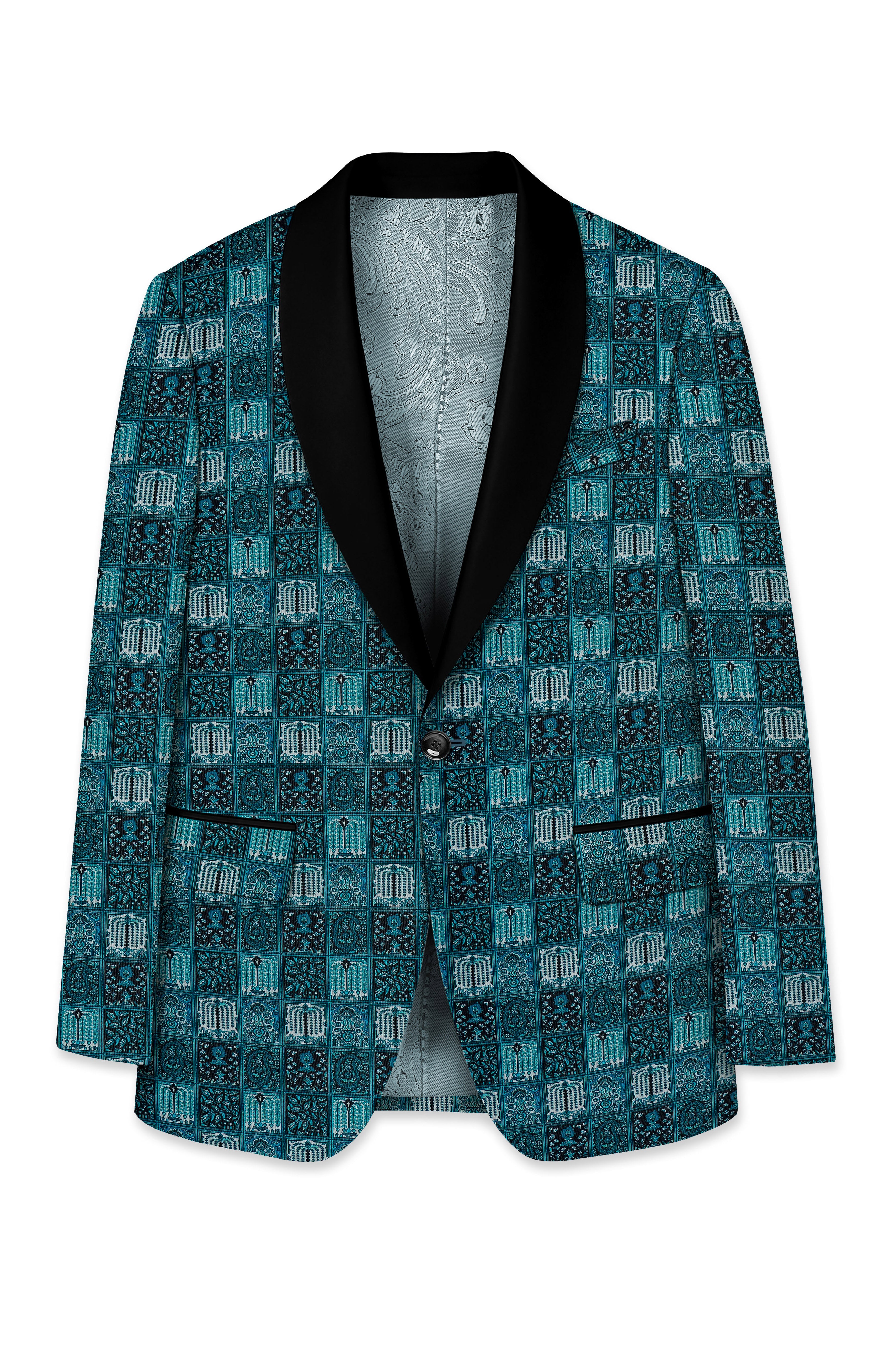 Zenith-Astronaut Blue Geometric Mosaic Printed Wool Rich Tuxedo Blazer