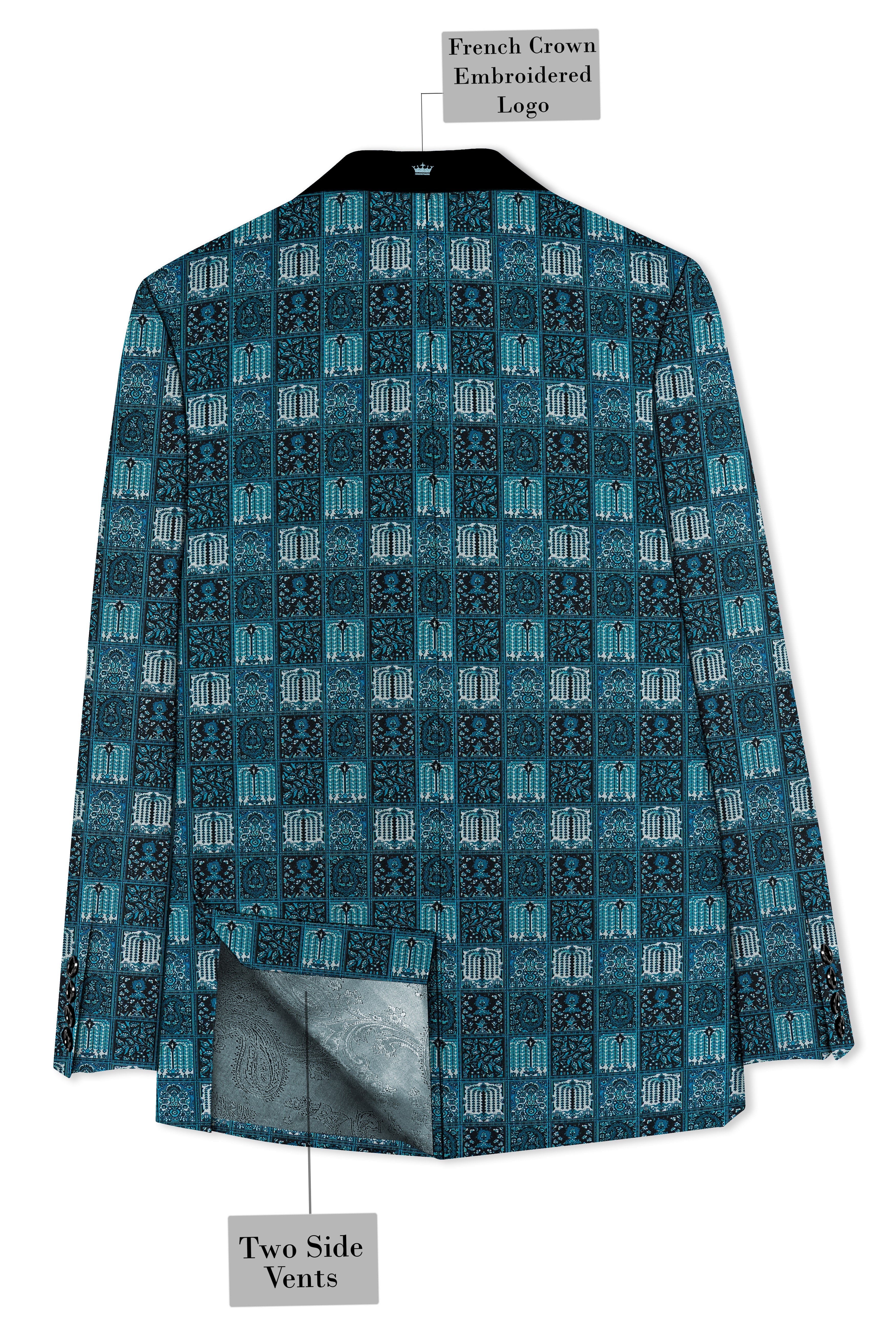 Zenith-Astronaut Blue Geometric Mosaic Printed Wool Rich Tuxedo Blazer