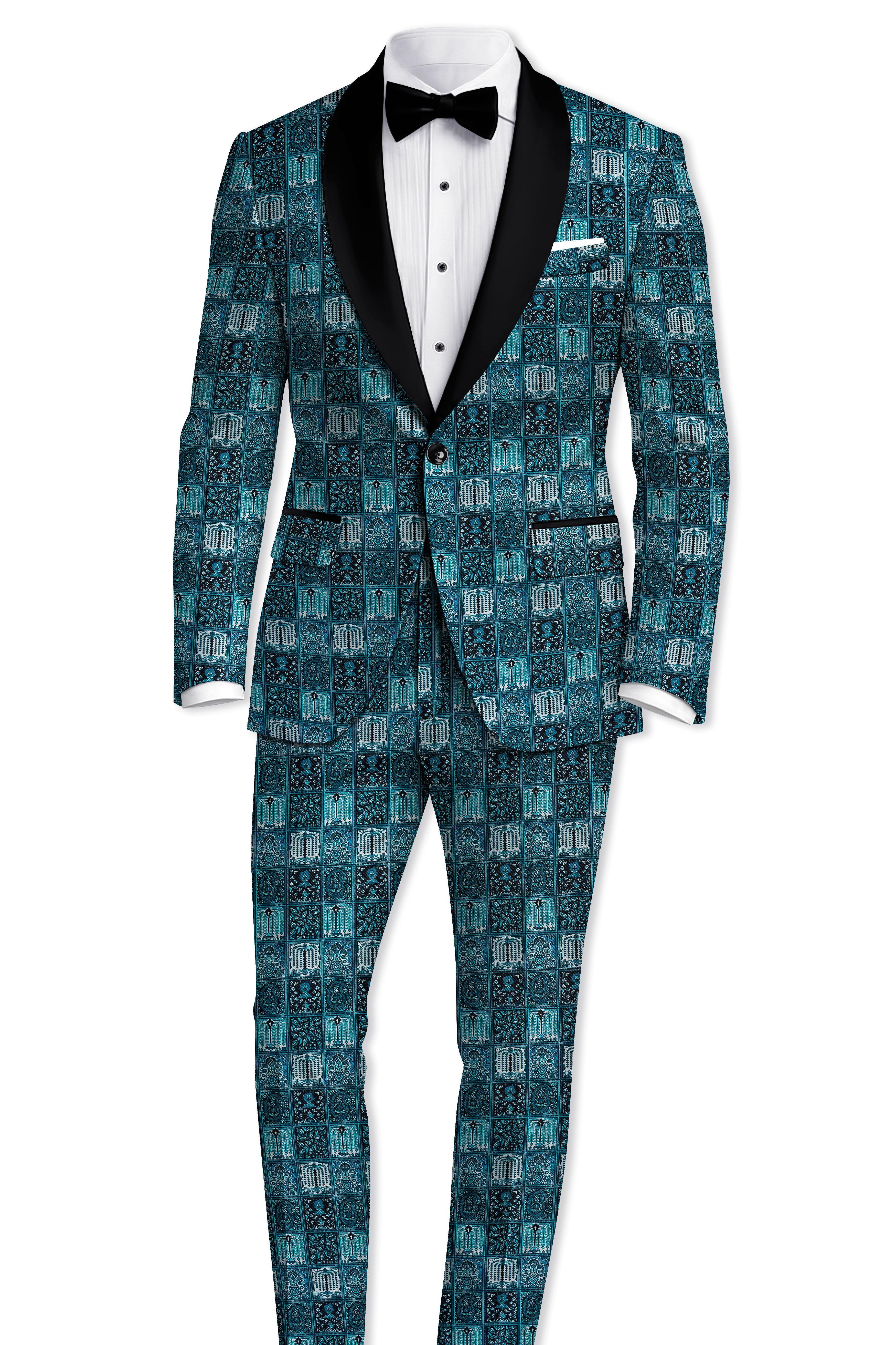 Zenith-Astronaut Blue Geometric Mosaic Printed Wool Rich Tuxedo Blazer