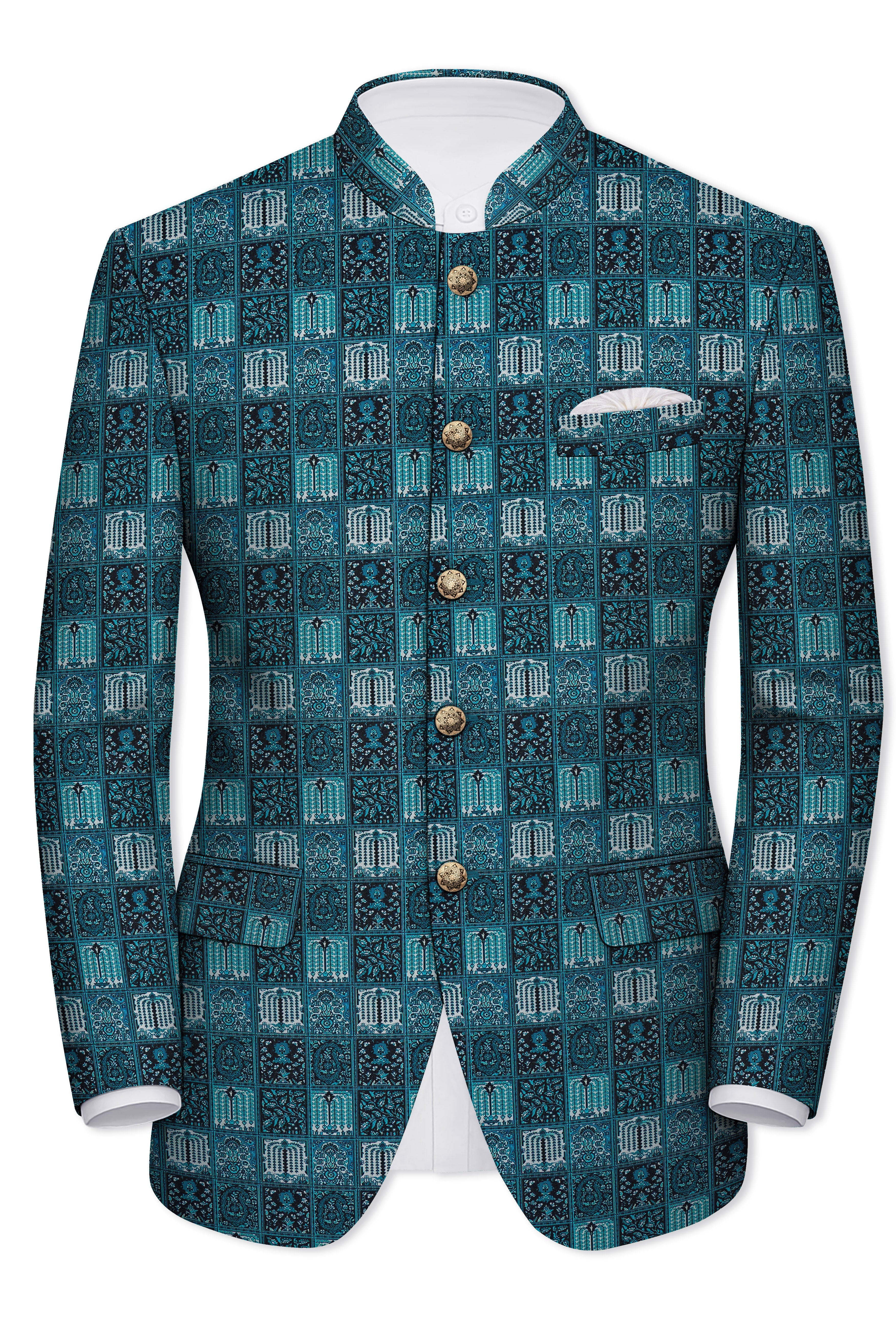 Zenith-Astronaut Blue Geometric Mosaic Printed Wool Rich Bandhgala Blazer