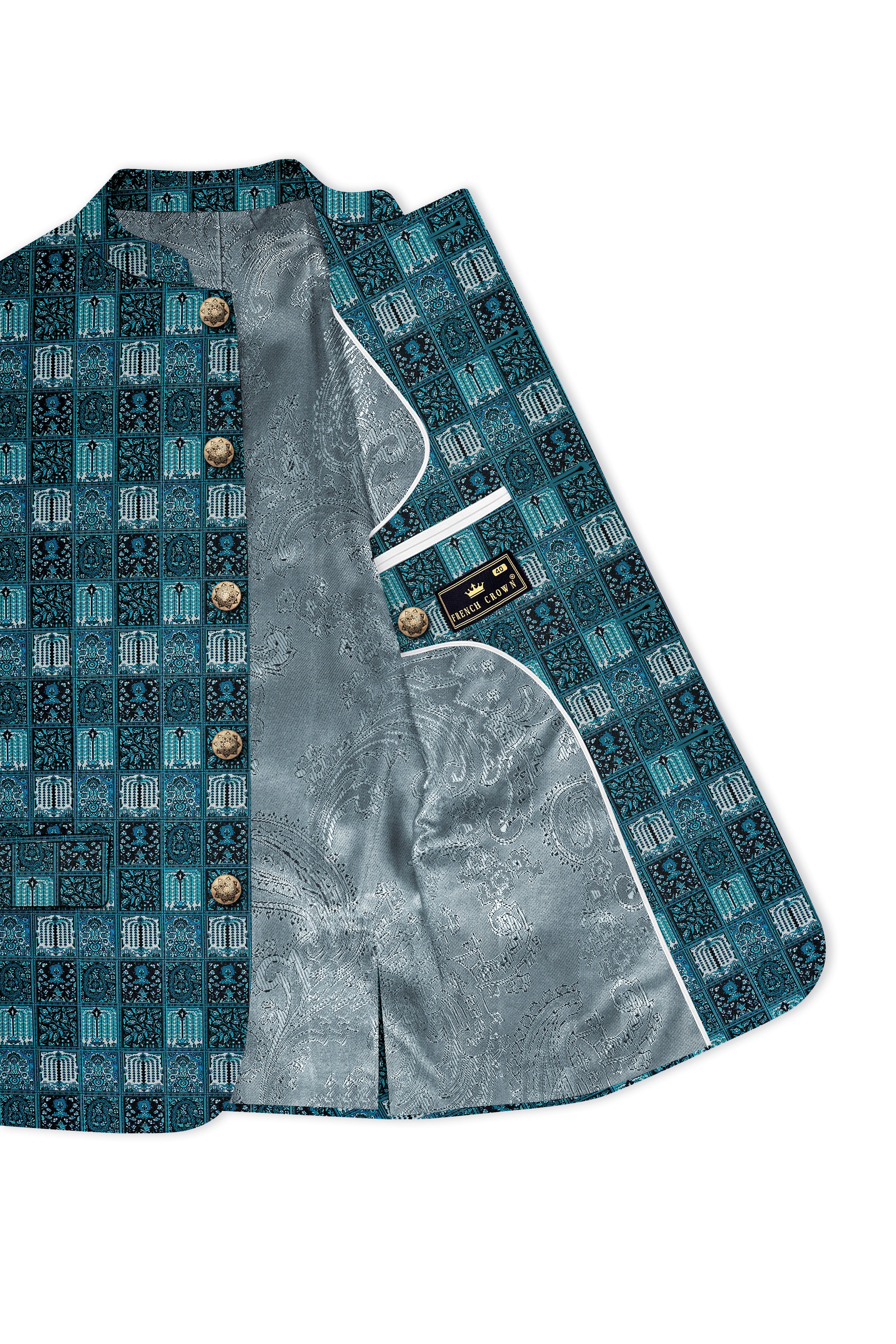 Zenith-Astronaut Blue Geometric Mosaic Printed Wool Rich Bandhgala Blazer