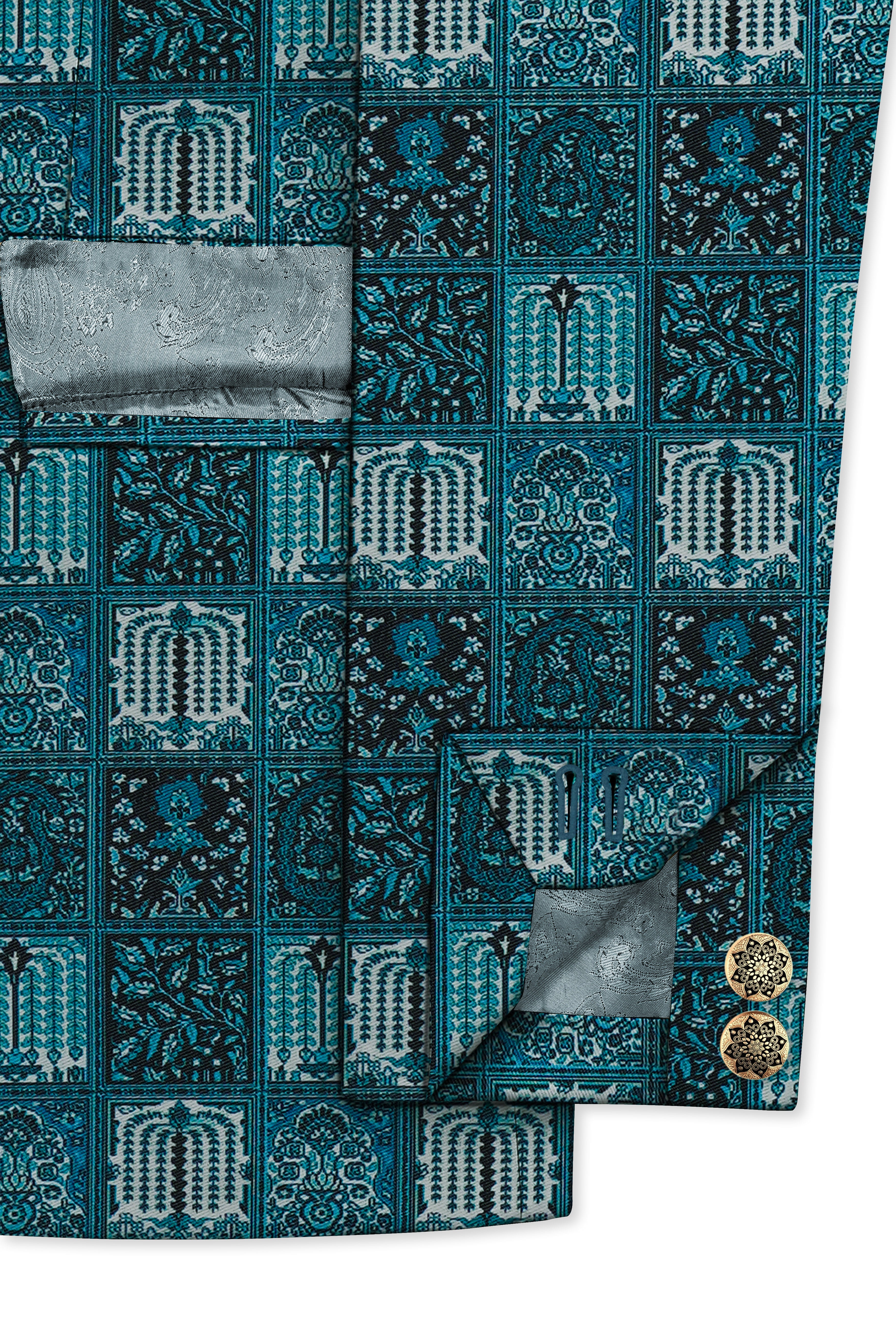 Zenith-Astronaut Blue Geometric Mosaic Printed Wool Rich Bandhgala Blazer