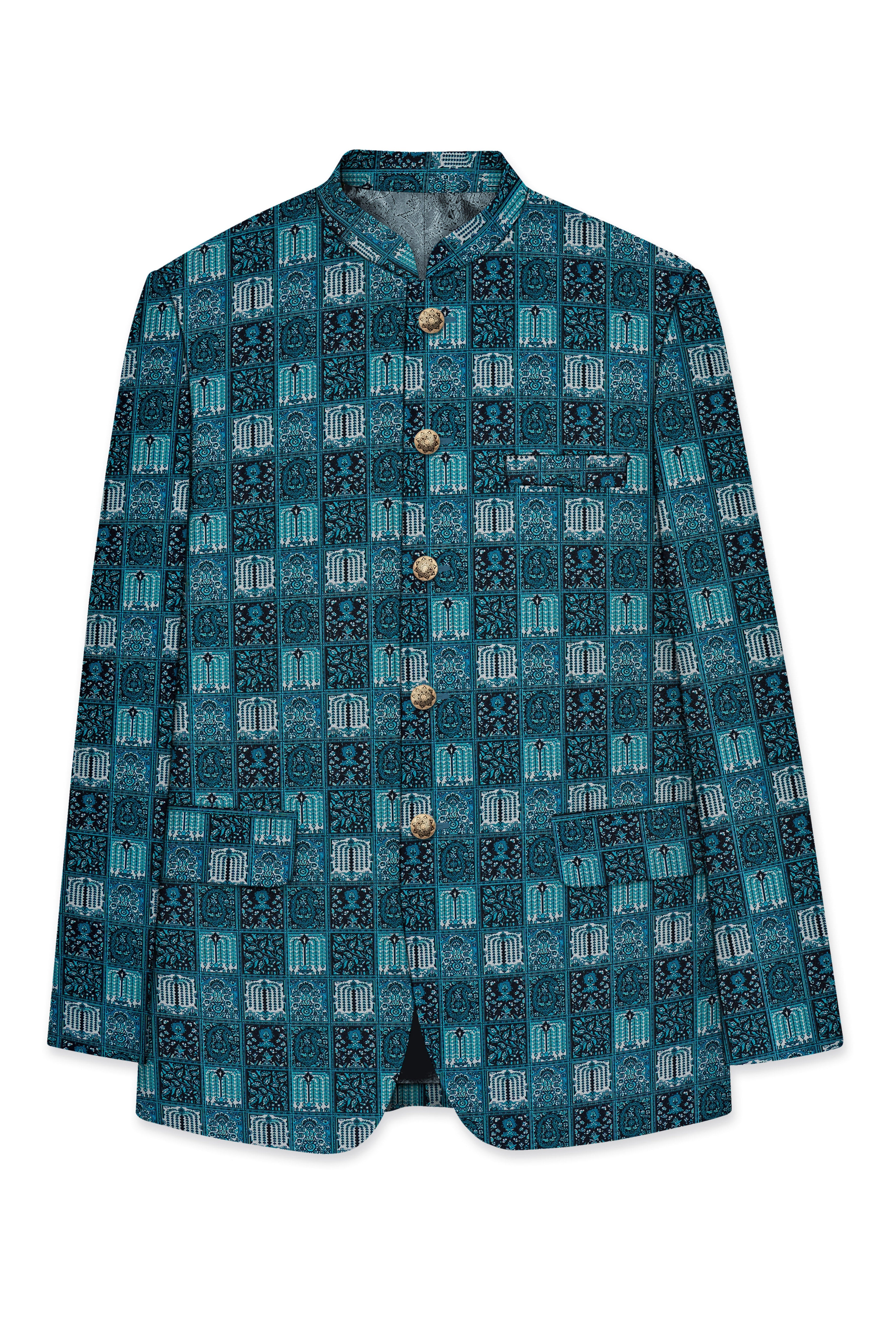 Zenith-Astronaut Blue Geometric Mosaic Printed Wool Rich Bandhgala Blazer