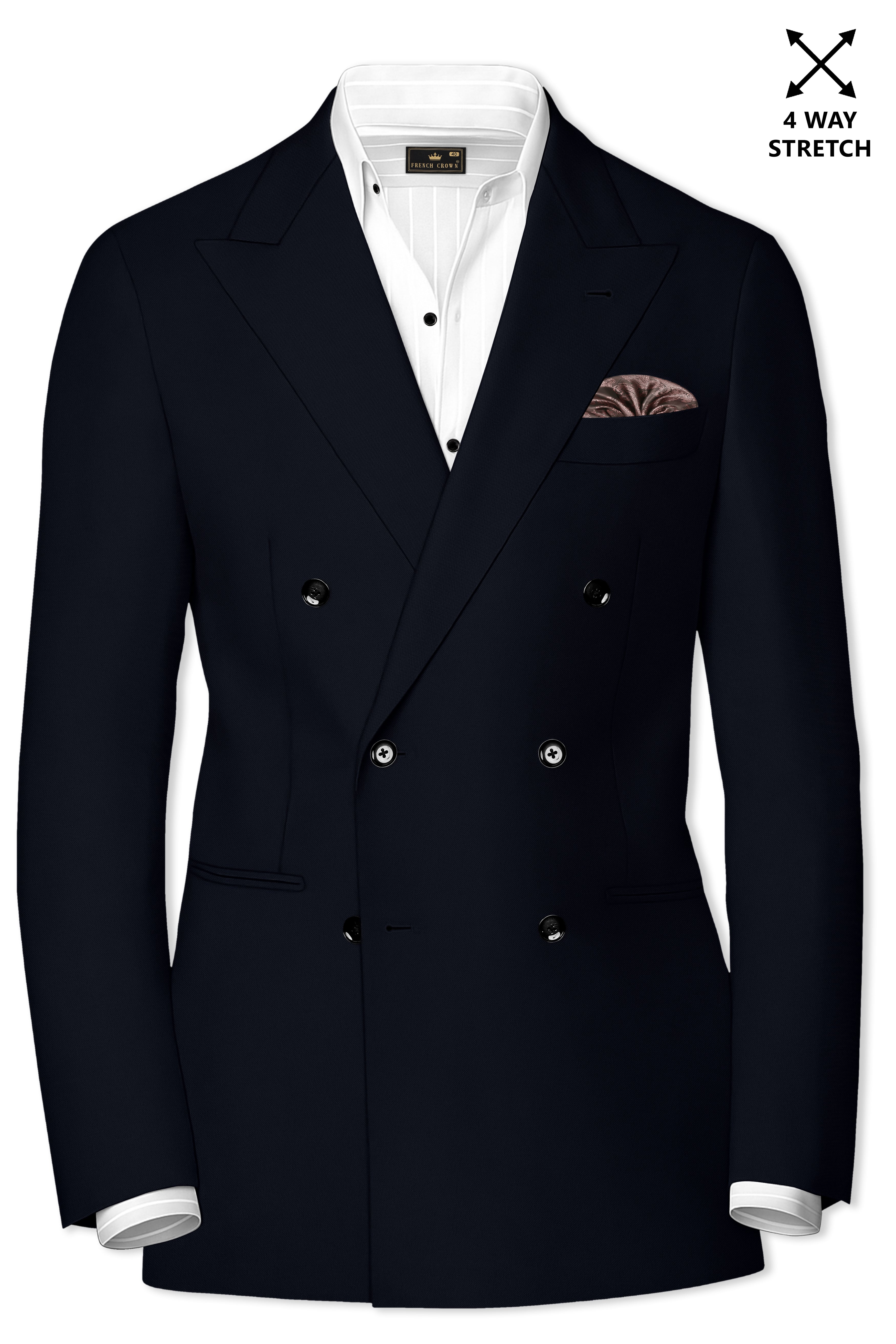 Nero-Korean Tealish Navy 4-Way Stretch Wrinkle-Free Wool Rich Double Breasted Blazer
