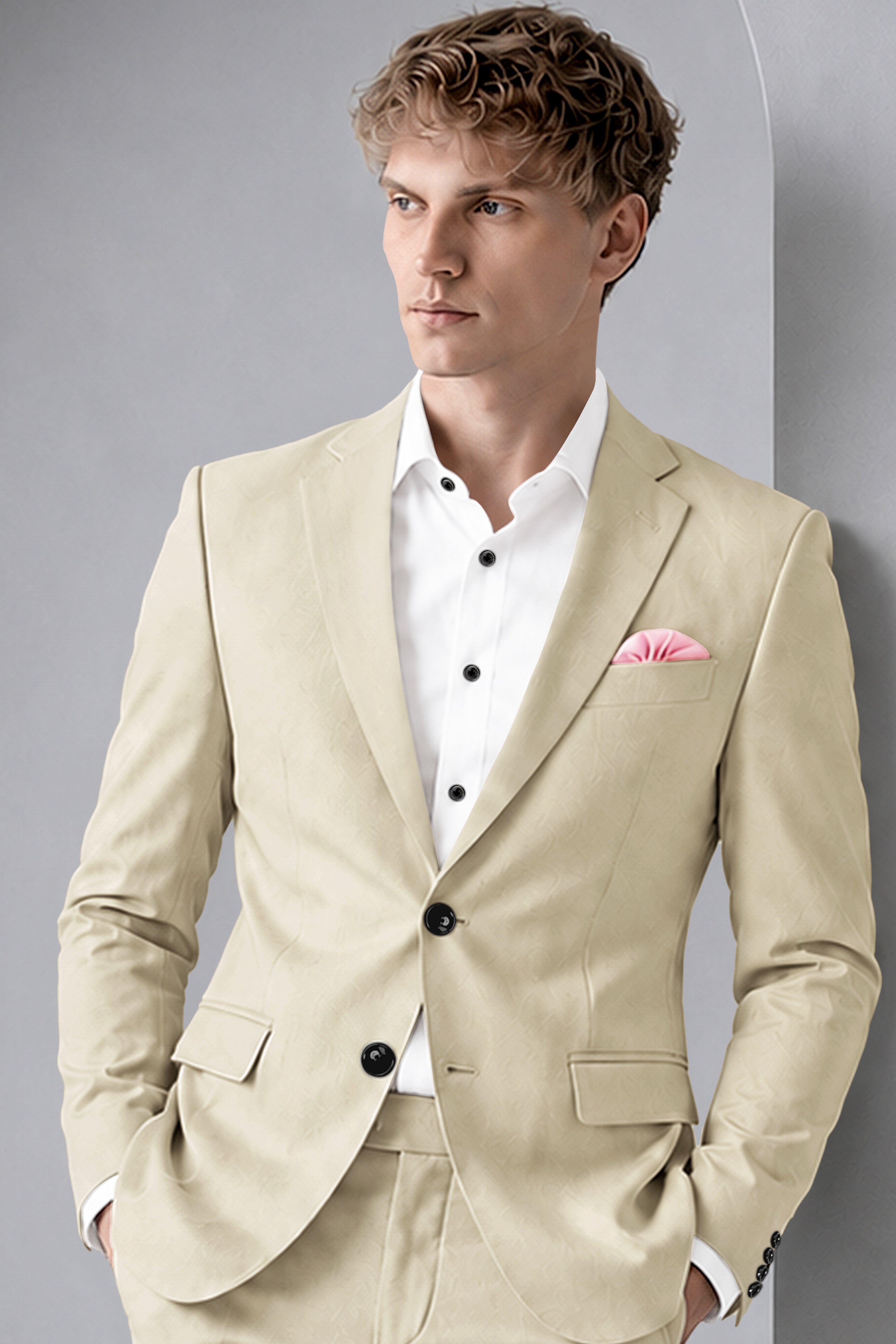 Ivora-Almond Cream Wool Rich Slight Stretch Single Breasted Blazer