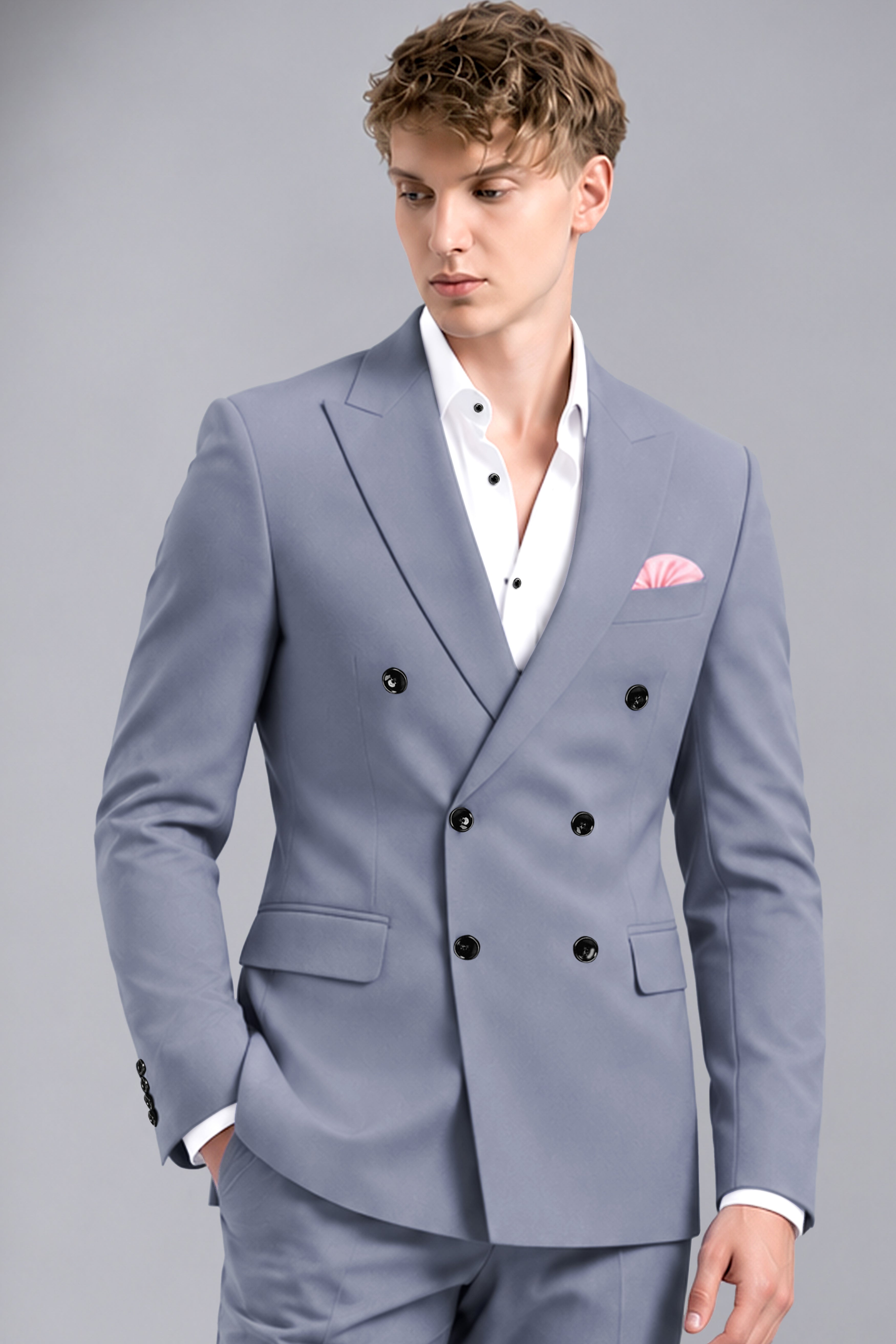 Sterling-Manatee Gray Wool Rich Slight Stretch Double Breasted Blazer