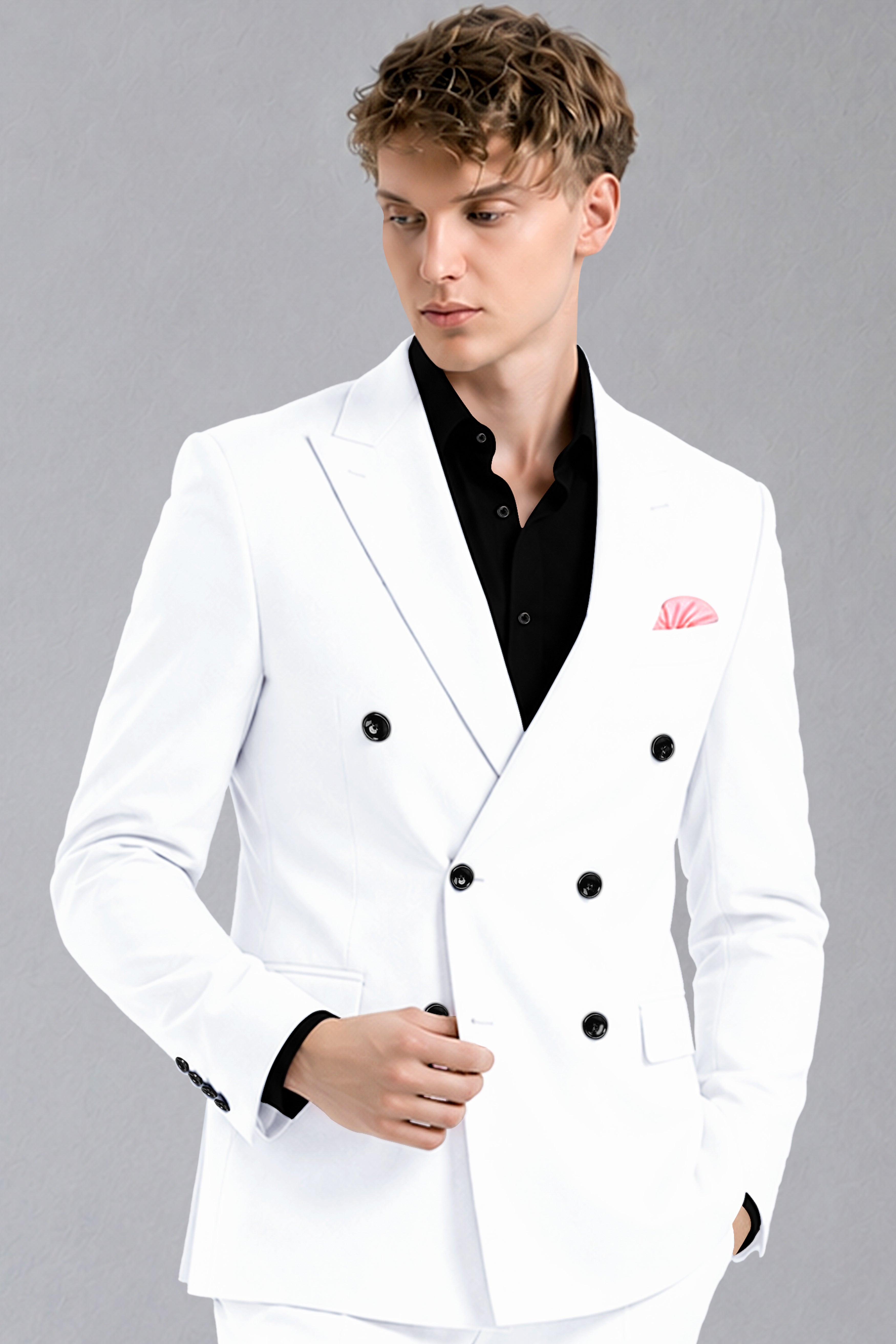 Ivory-Bright White Wool Rich Slight Stretch Double Breasted Blazer