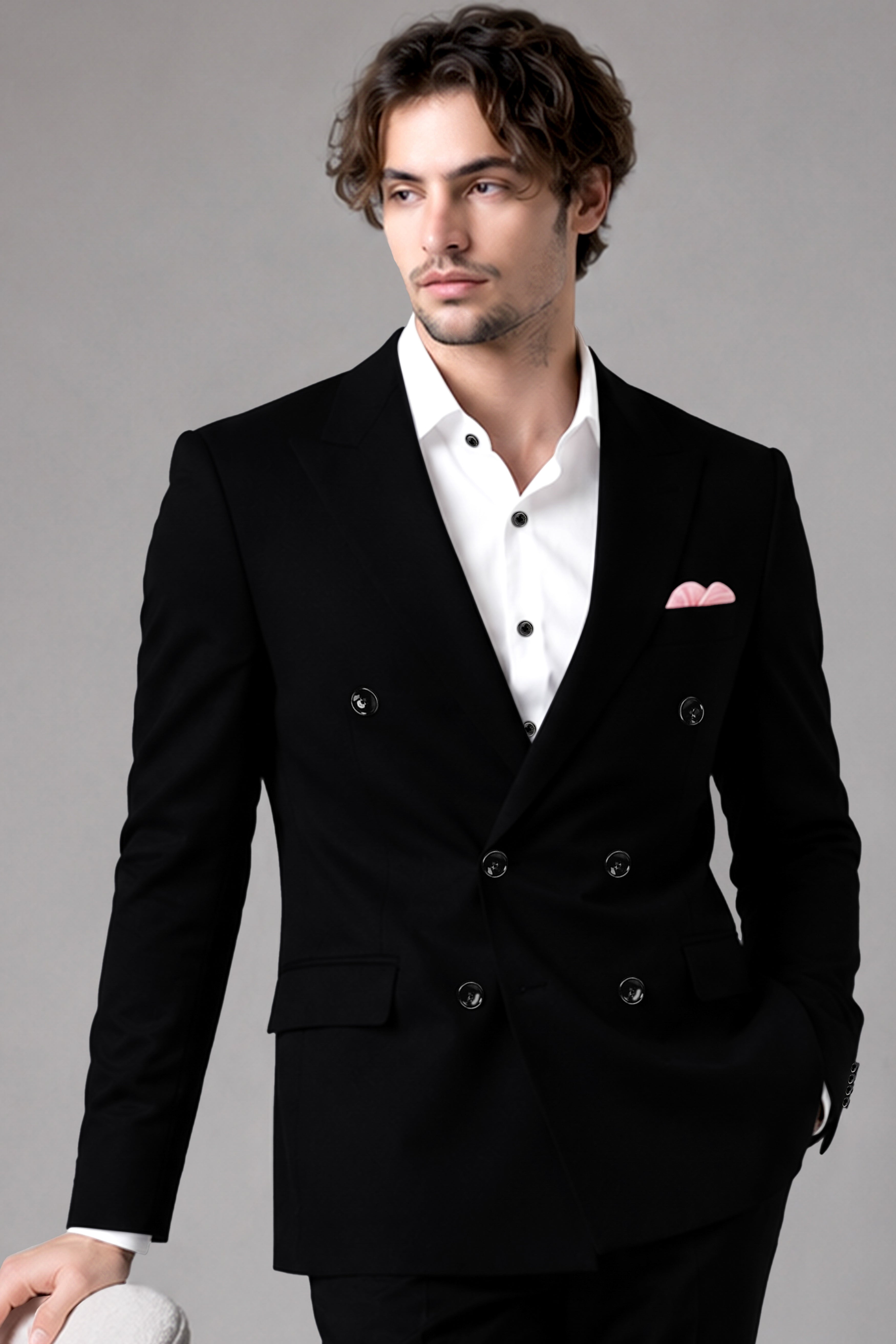 Noir-Jade Black Wool Rich Slight Stretch Double Breasted Blazer