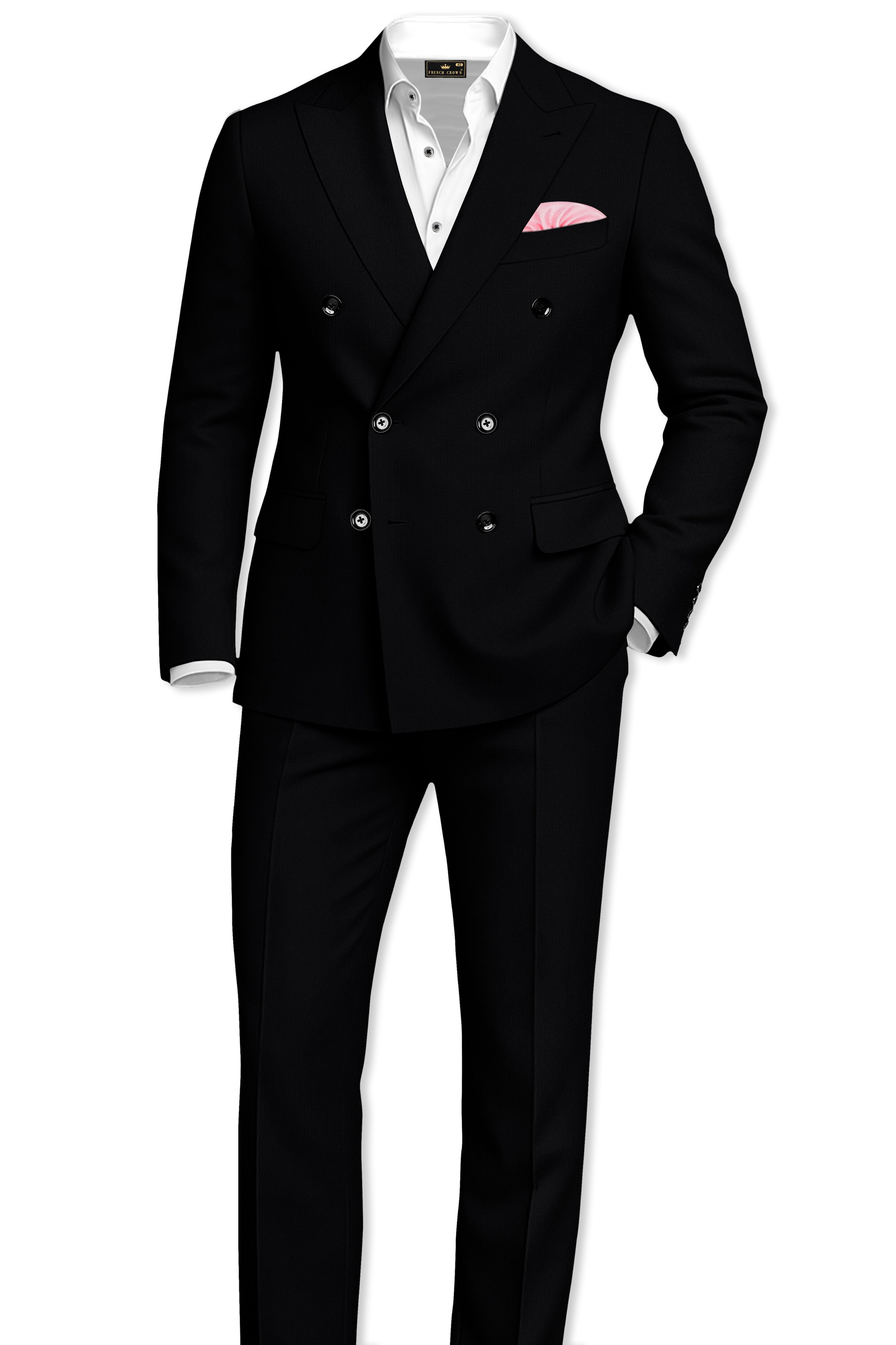 Noir-Jade Black Wool Rich Slight Stretch Double Breasted Blazer