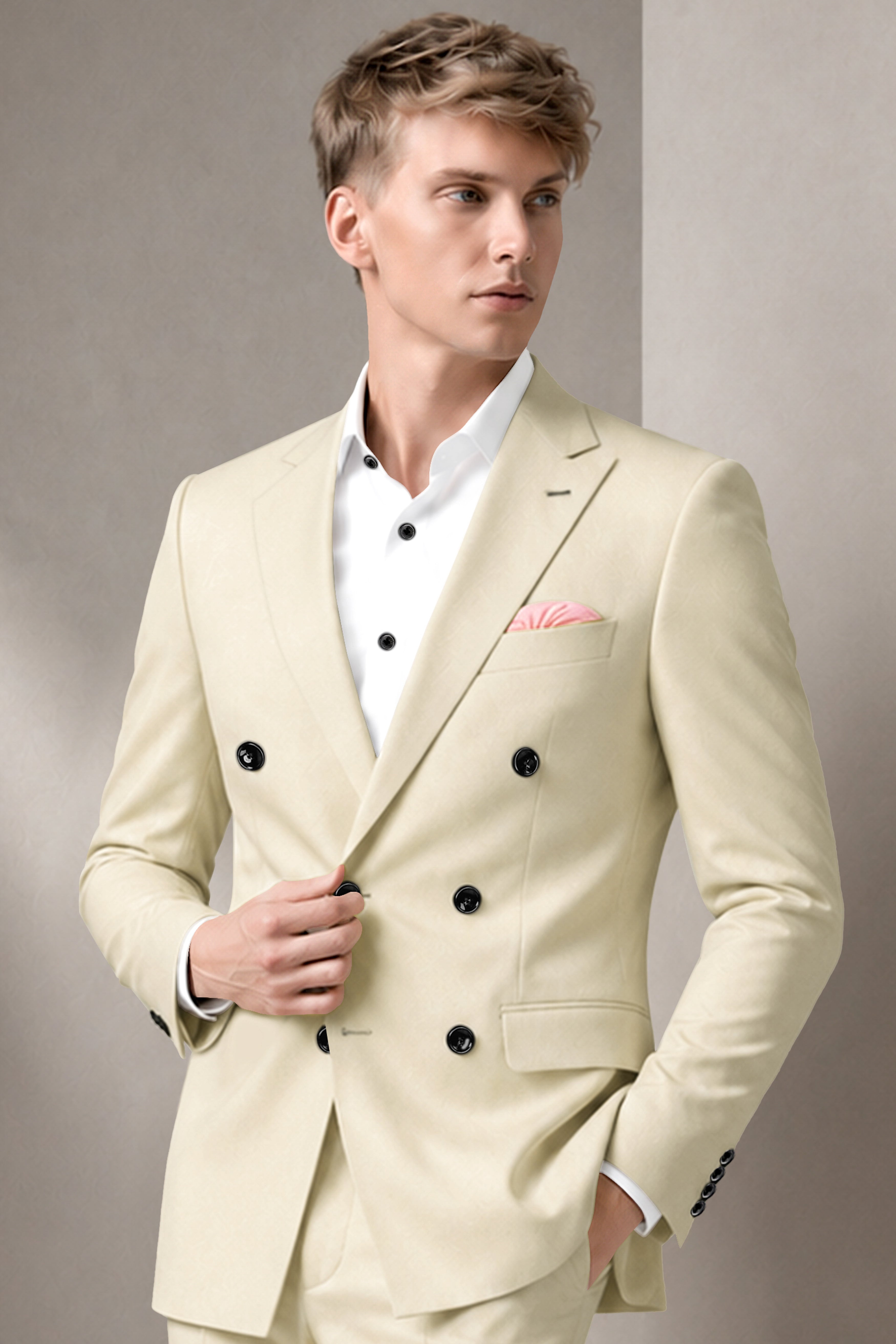 Ivora-Almond Cream Wool Rich Slight Stretch Double Breasted Blazer