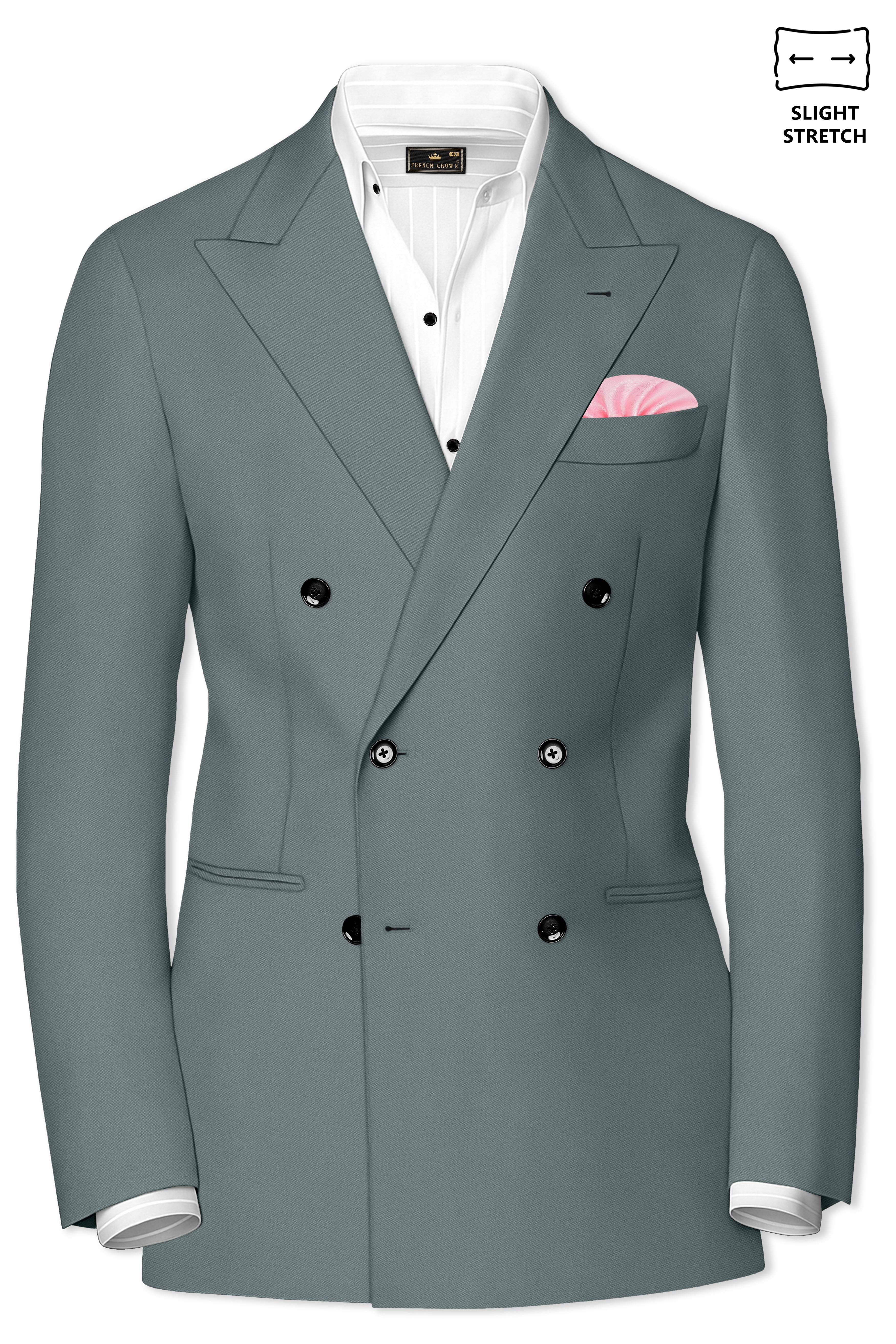 Verdant-Raven Green Wool Rich Slight Stretch Double Breasted Blazer